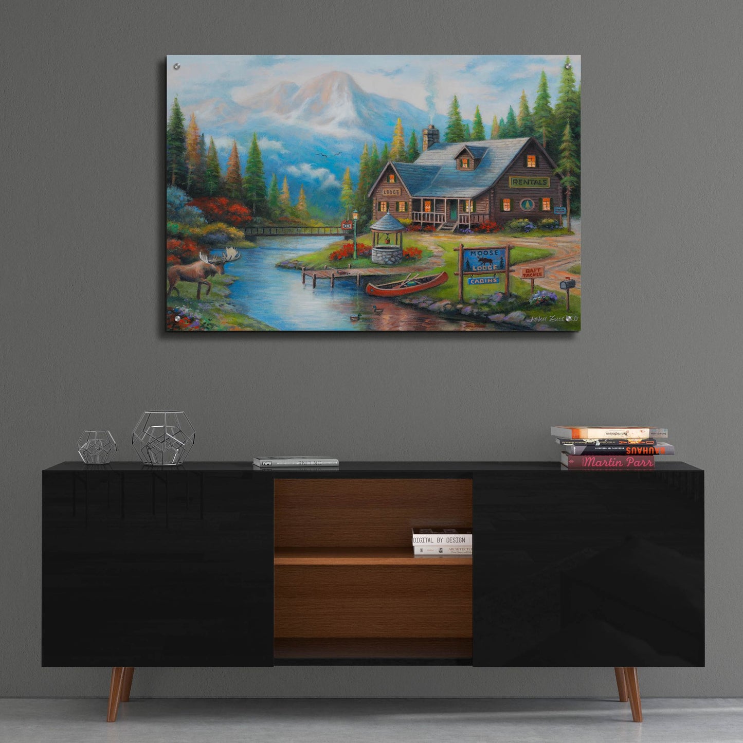 Epic Art 'Moose Creek Lodge' by John Zaccheo, Acrylic Glass Wall Art,36x24