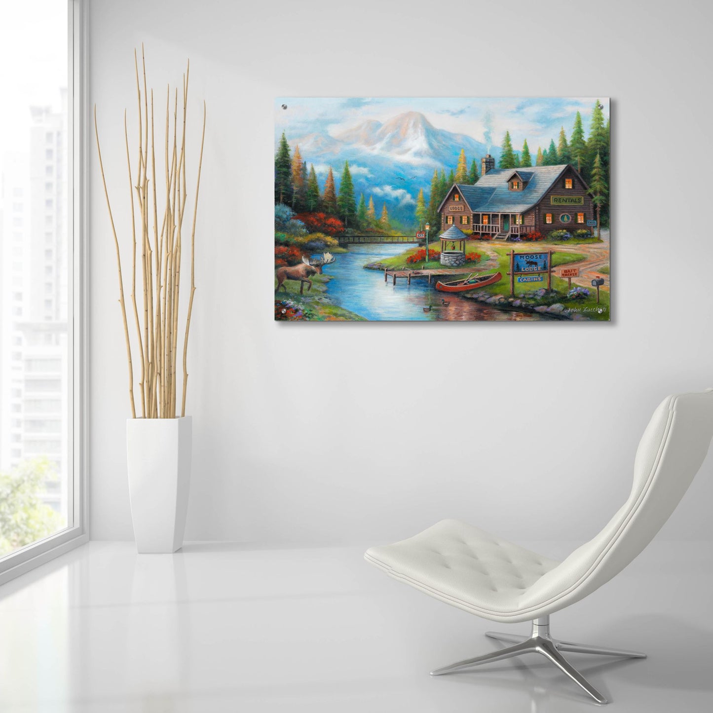 Epic Art 'Moose Creek Lodge' by John Zaccheo, Acrylic Glass Wall Art,36x24