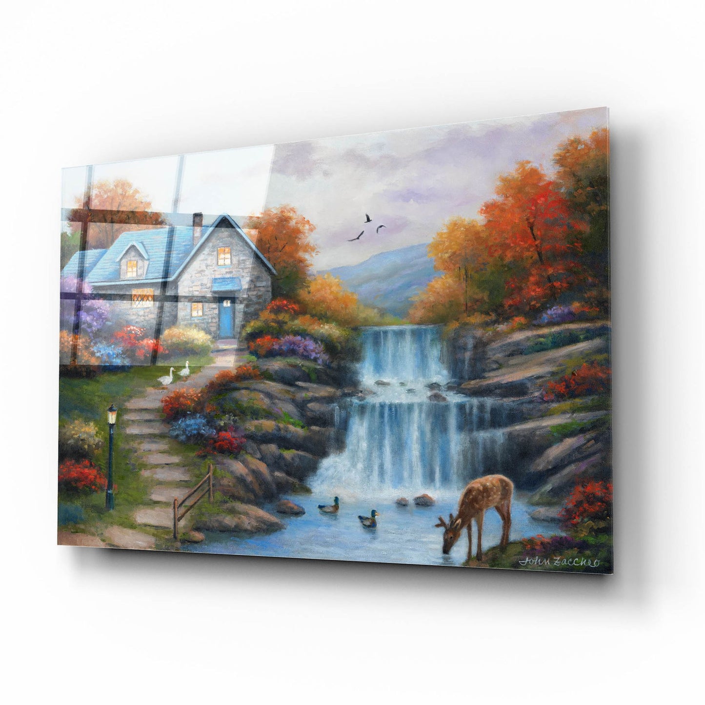 Epic Art 'Cottage by the Falls' by John Zaccheo, Acrylic Glass Wall Art,16x12