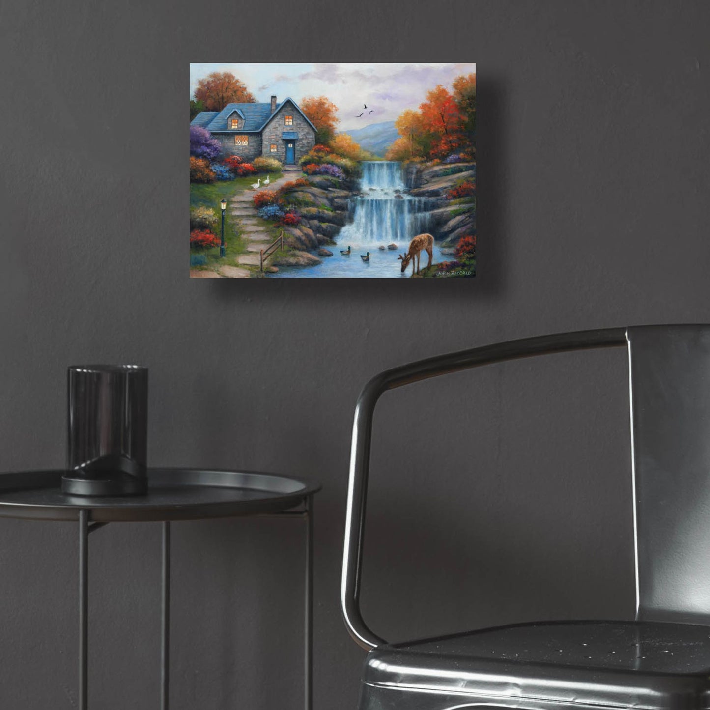 Epic Art 'Cottage by the Falls' by John Zaccheo, Acrylic Glass Wall Art,16x12