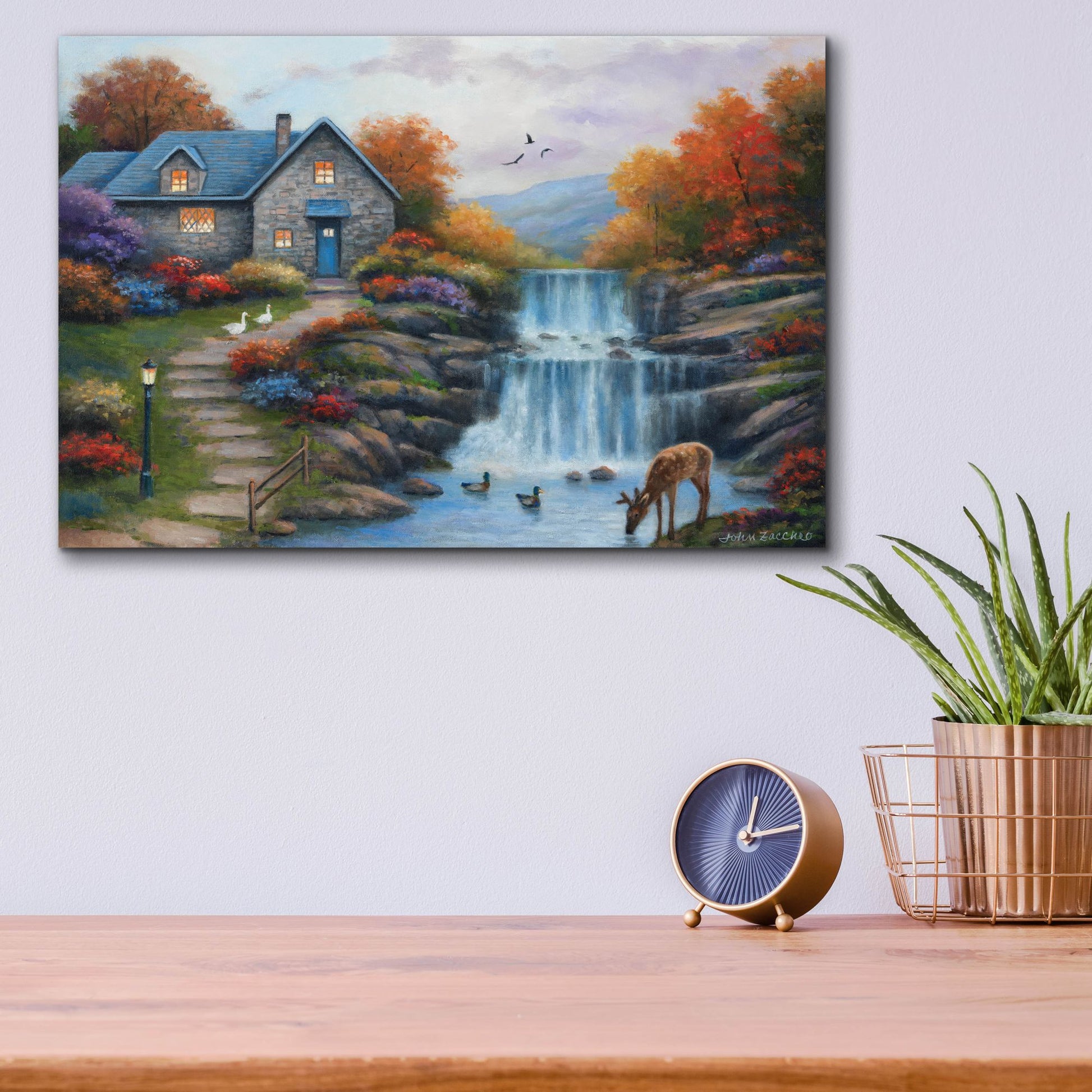 Epic Art 'Cottage by the Falls' by John Zaccheo, Acrylic Glass Wall Art,16x12