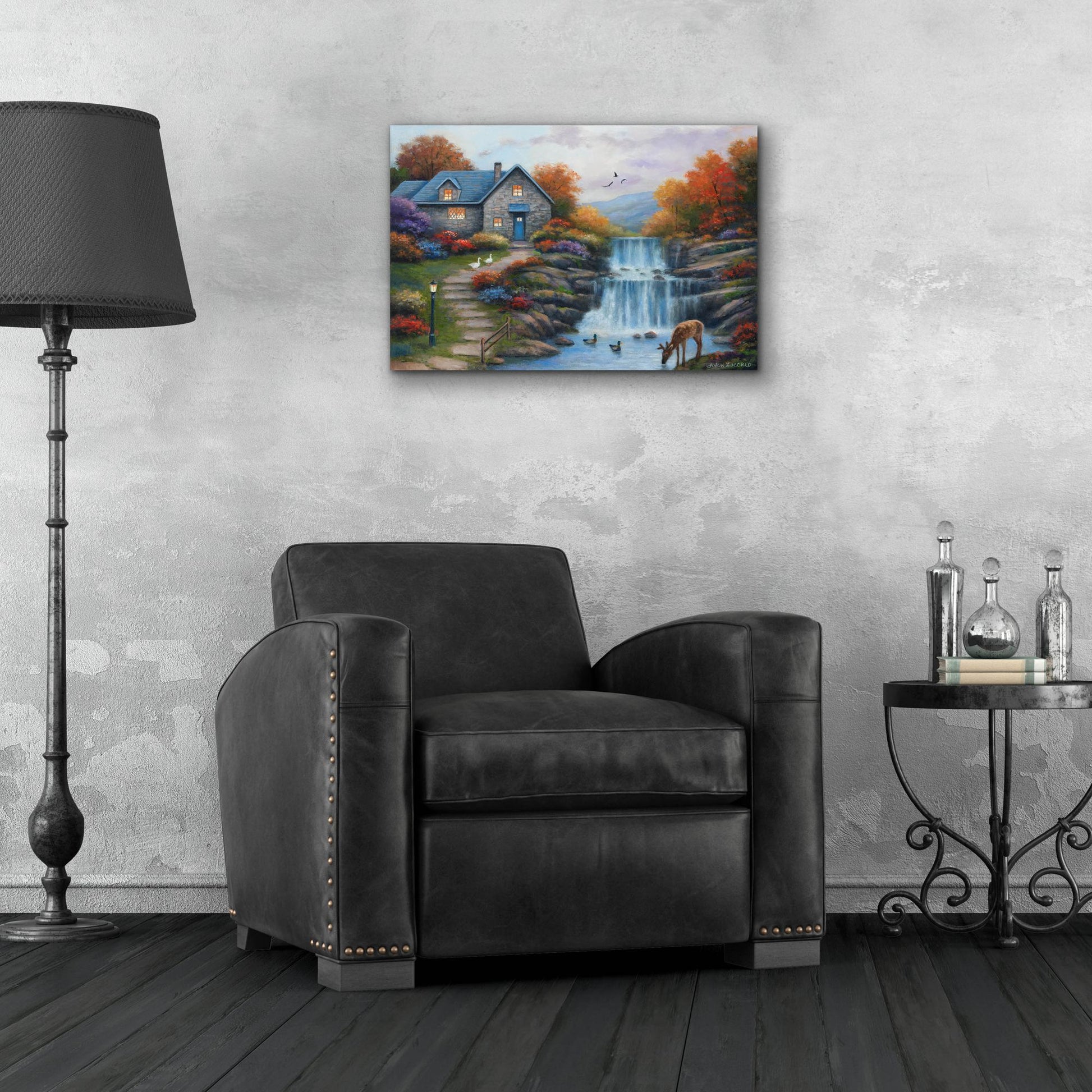 Epic Art 'Cottage by the Falls' by John Zaccheo, Acrylic Glass Wall Art,24x16