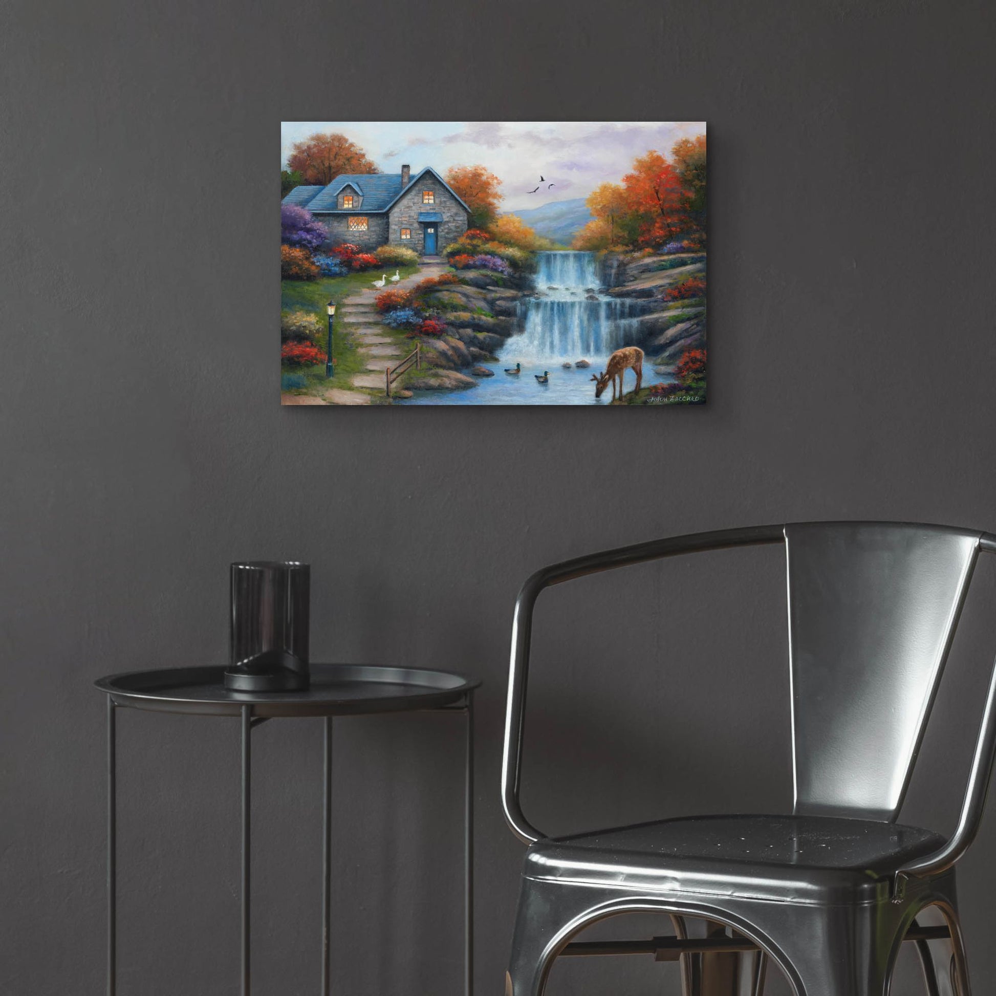 Epic Art 'Cottage by the Falls' by John Zaccheo, Acrylic Glass Wall Art,24x16