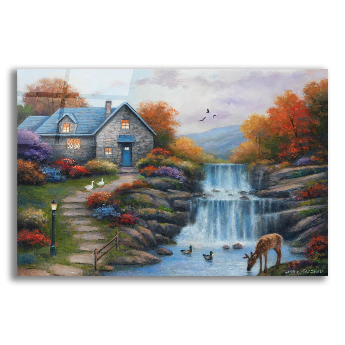 Epic Art 'Cottage by the Falls' by John Zaccheo, Acrylic Glass Wall Art,24x16