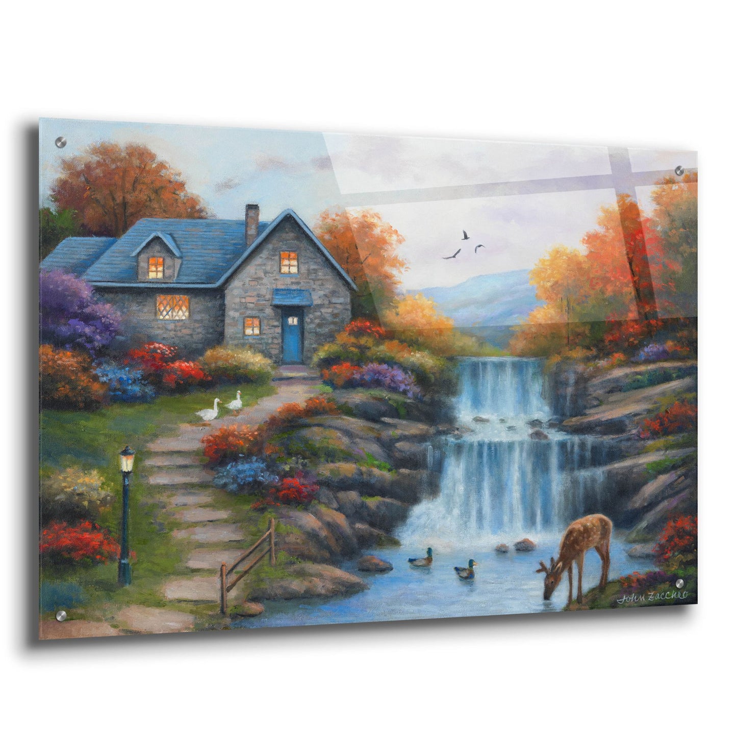 Epic Art 'Cottage by the Falls' by John Zaccheo, Acrylic Glass Wall Art,36x24