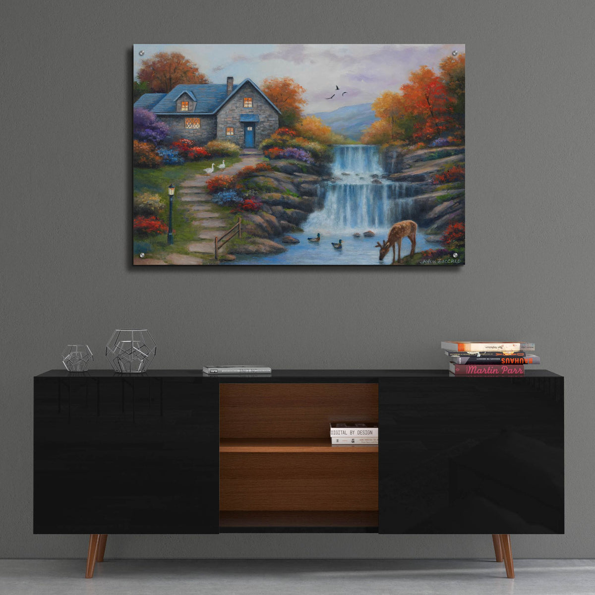 Epic Art 'Cottage by the Falls' by John Zaccheo, Acrylic Glass Wall Art,36x24