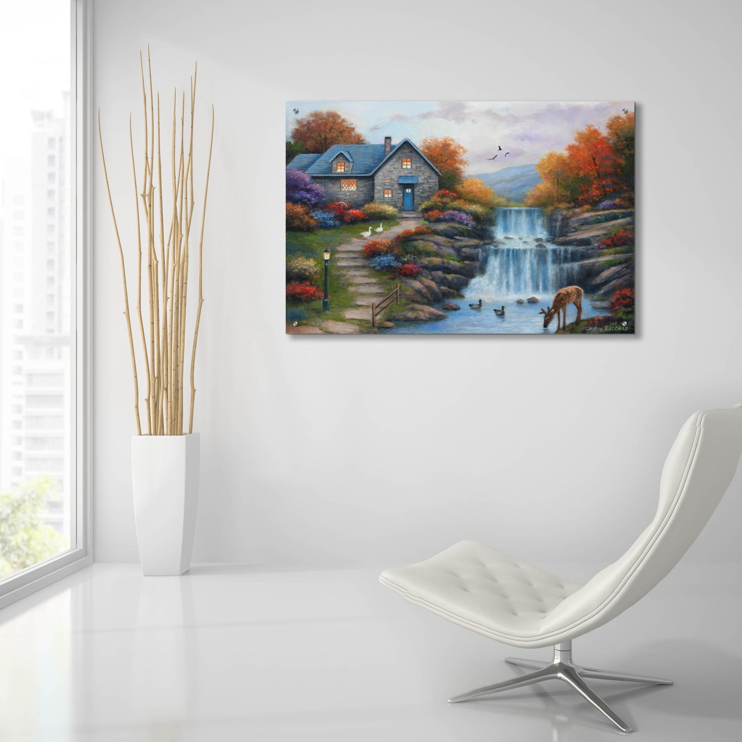 Epic Art 'Cottage by the Falls' by John Zaccheo, Acrylic Glass Wall Art,36x24