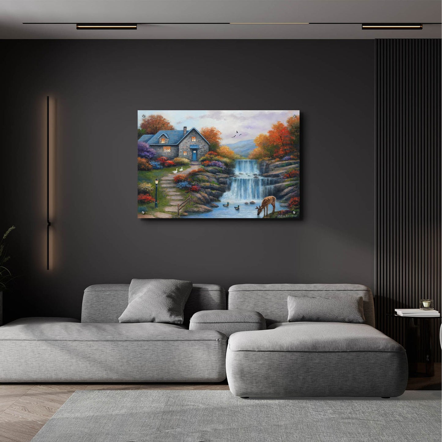 Epic Art 'Cottage by the Falls' by John Zaccheo, Acrylic Glass Wall Art,36x24