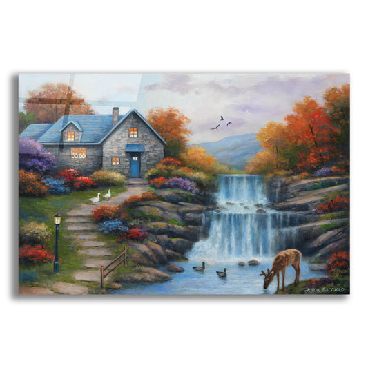 Epic Art 'Cottage by the Falls' by John Zaccheo, Acrylic Glass Wall Art