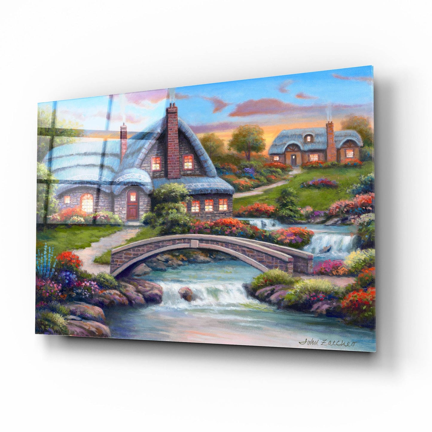 Epic Art 'Stone Bridge Cottages' by John Zaccheo, Acrylic Glass Wall Art,16x12