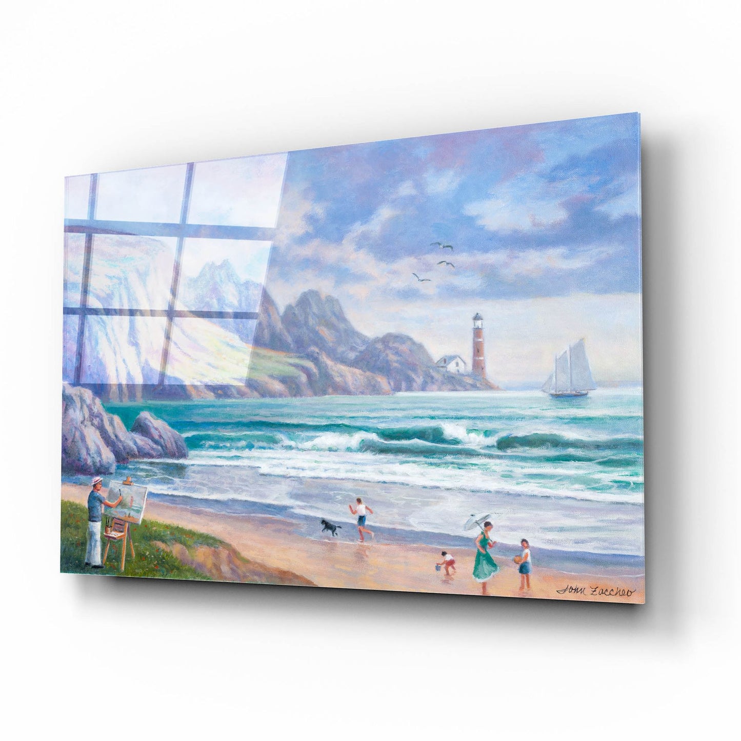 Epic Art 'Painting By the Seaside' by John Zaccheo, Acrylic Glass Wall Art,16x12