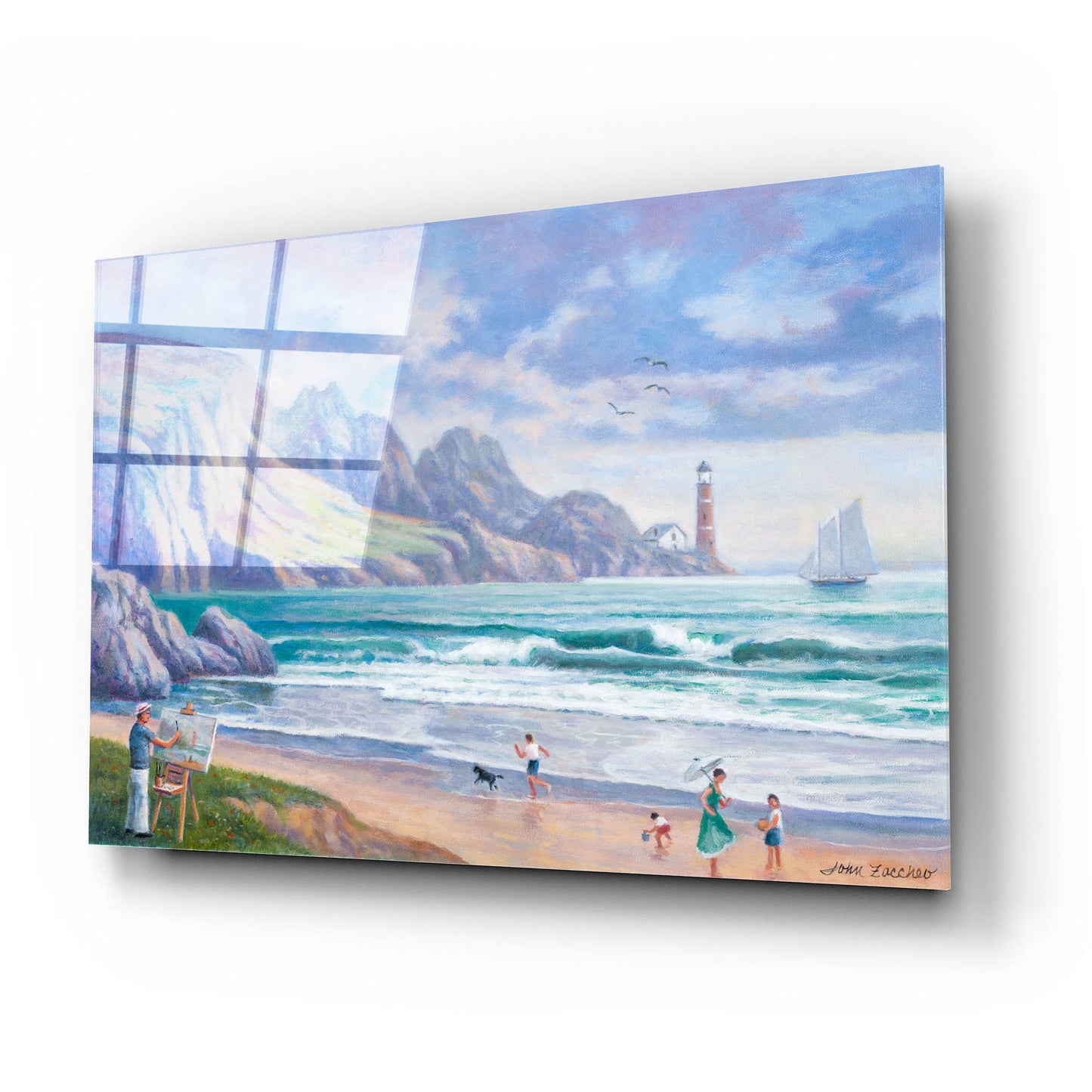 Epic Art 'Painting By the Seaside' by John Zaccheo, Acrylic Glass Wall Art,24x16