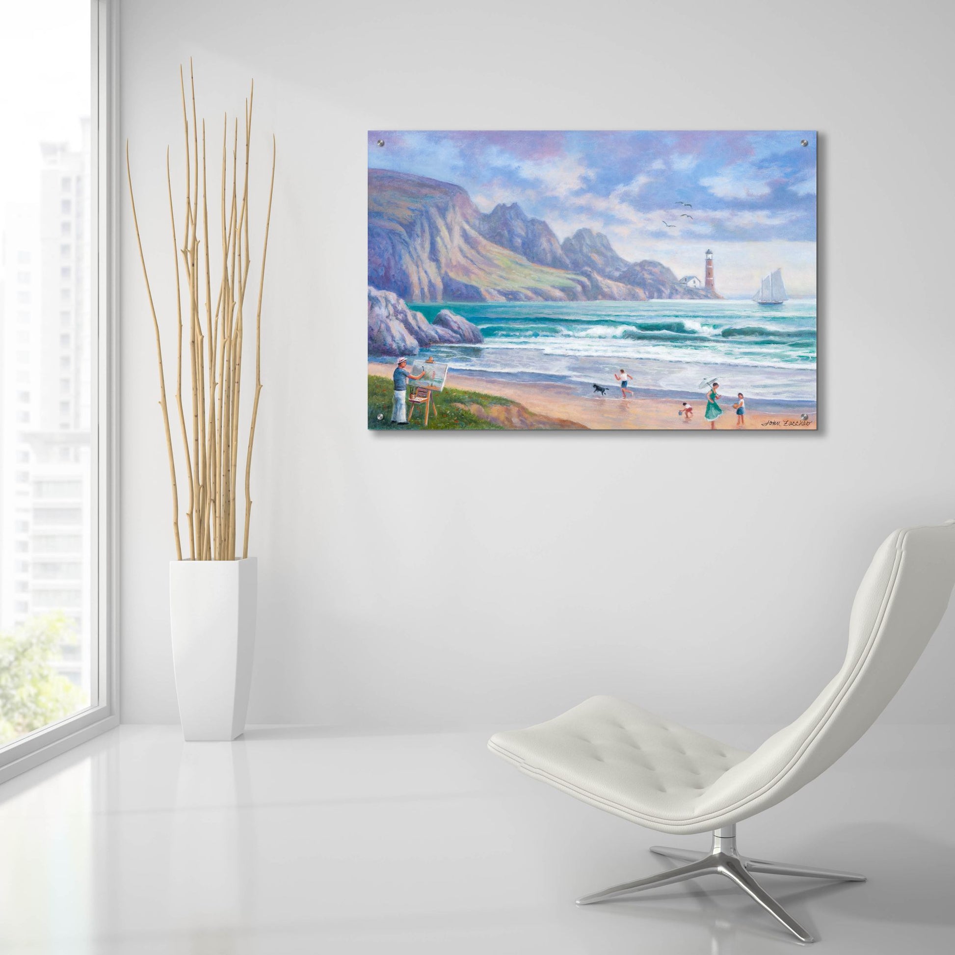 Epic Art 'Painting By the Seaside' by John Zaccheo, Acrylic Glass Wall Art,36x24