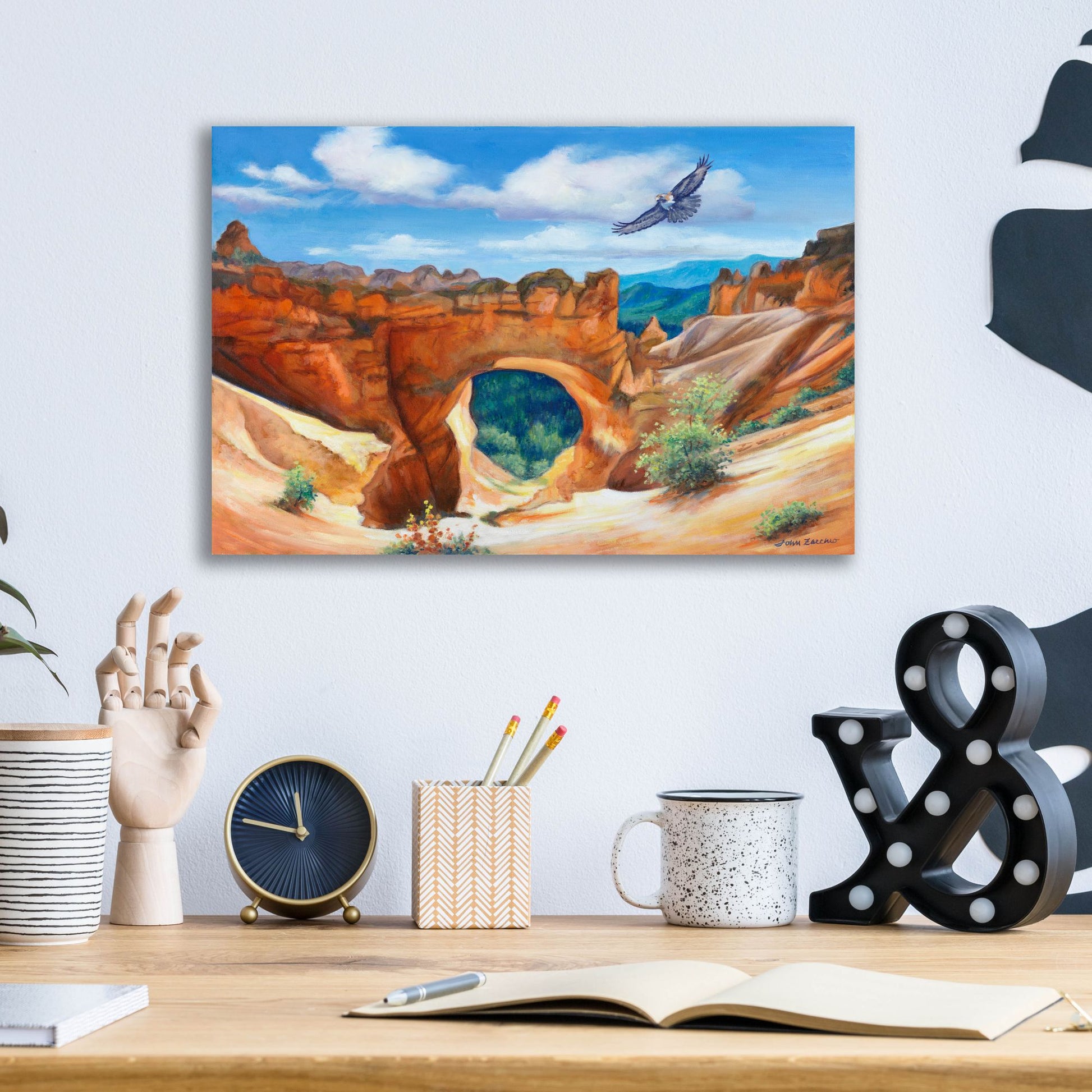 Epic Art 'Hawk Over Bryce Canyon' by John Zaccheo, Acrylic Glass Wall Art,16x12