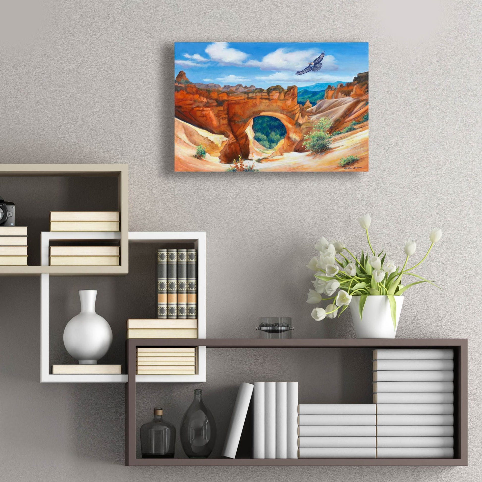 Epic Art 'Hawk Over Bryce Canyon' by John Zaccheo, Acrylic Glass Wall Art,24x16