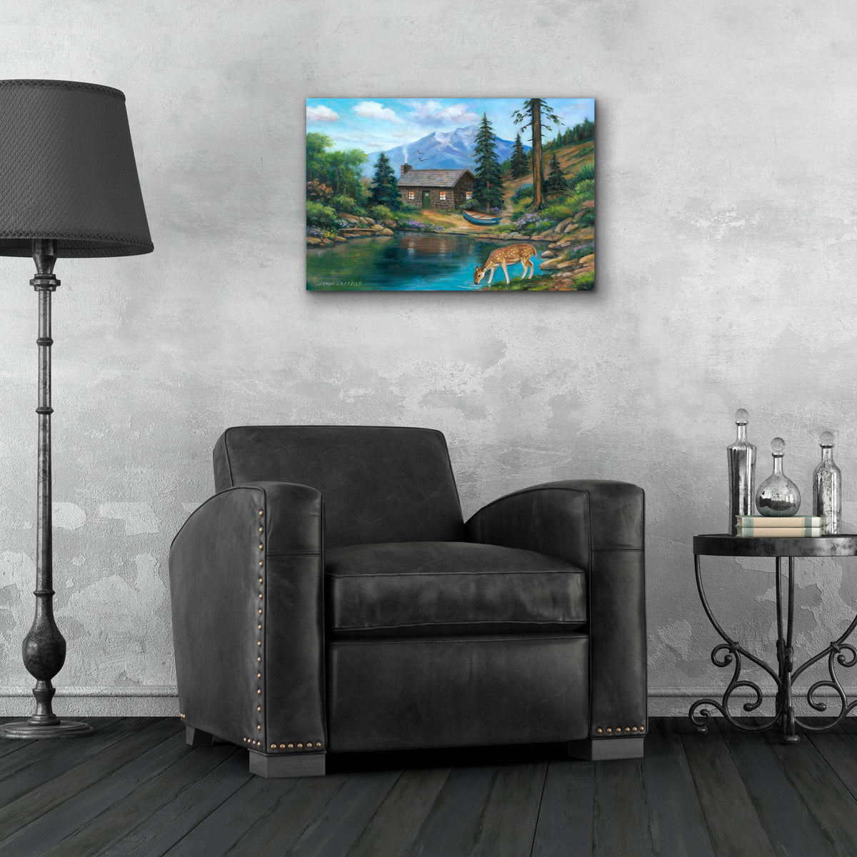 Epic Art 'Drinking by the Cabin' by John Zaccheo, Acrylic Glass Wall Art,24x16