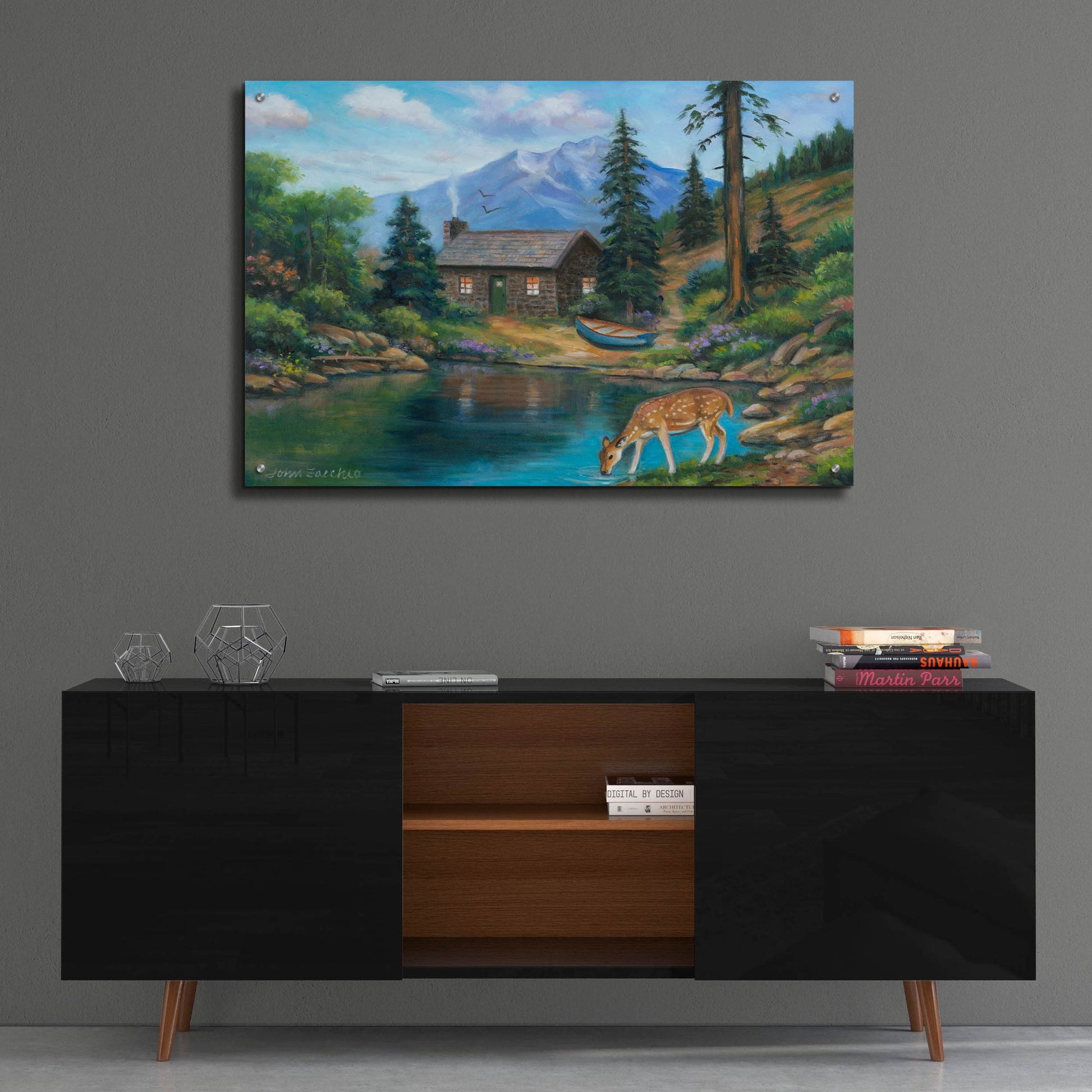 Epic Art 'Drinking by the Cabin' by John Zaccheo, Acrylic Glass Wall Art,36x24