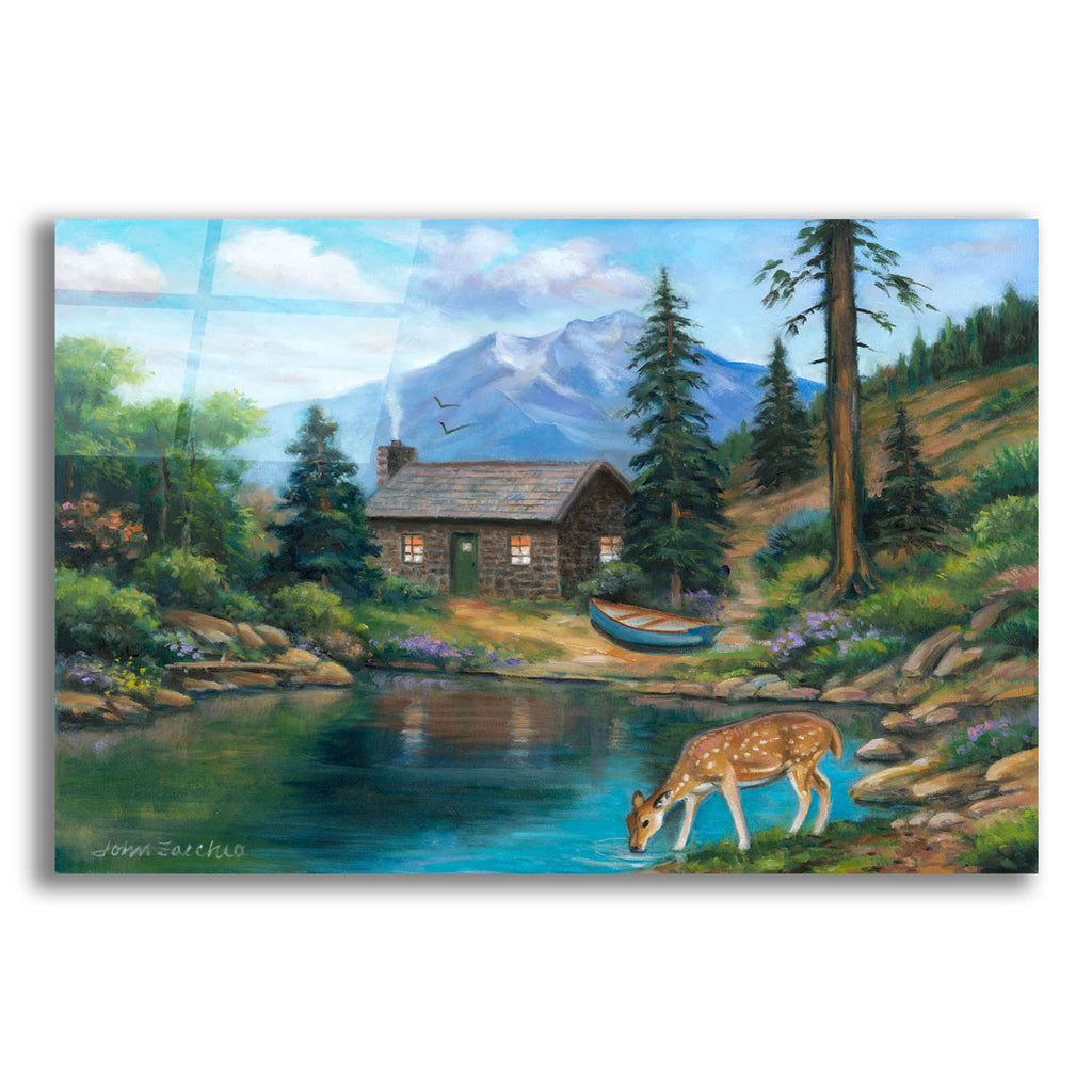 Epic Art 'Drinking by the Cabin' by John Zaccheo, Acrylic Glass Wall Art