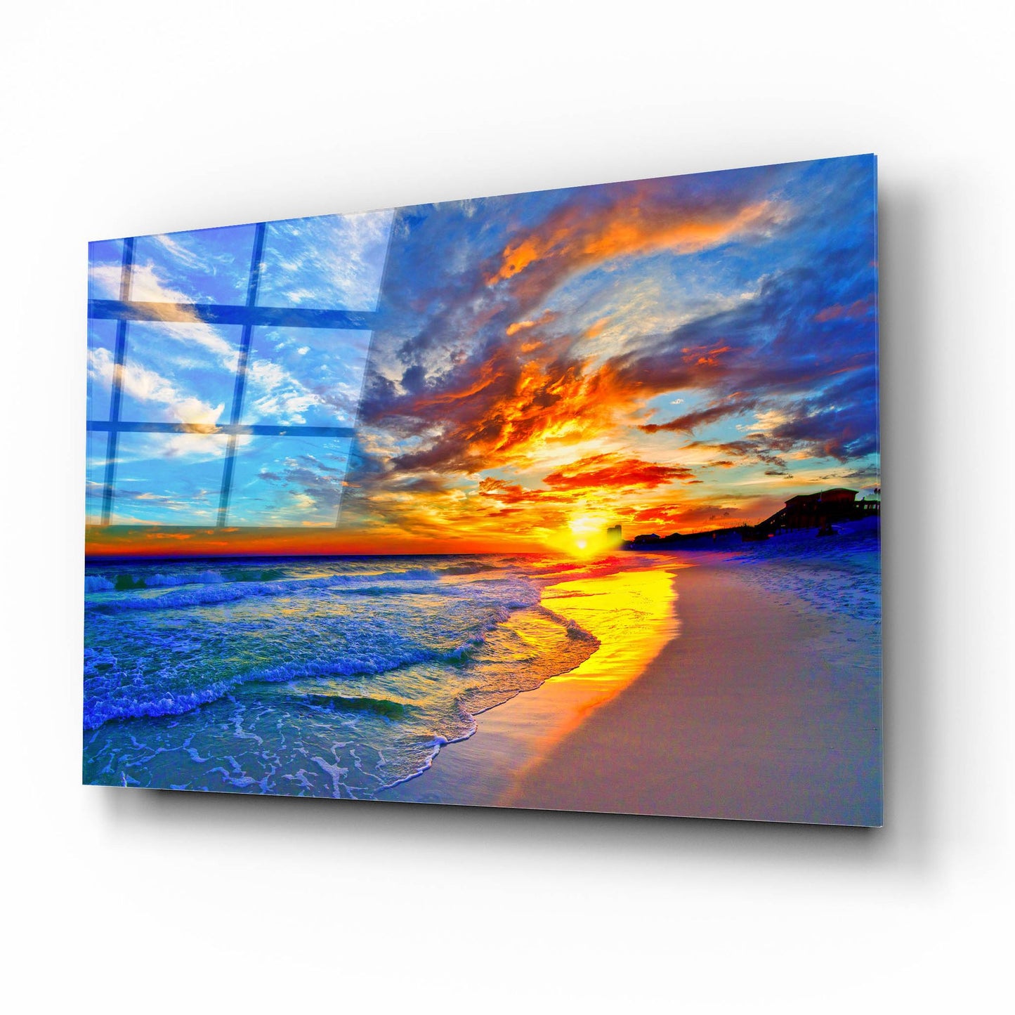 Epic Art 'Amazing Red Blue Sunset Beach' by Ezra Tanner, Acrylic Glass Wall Art,16x12