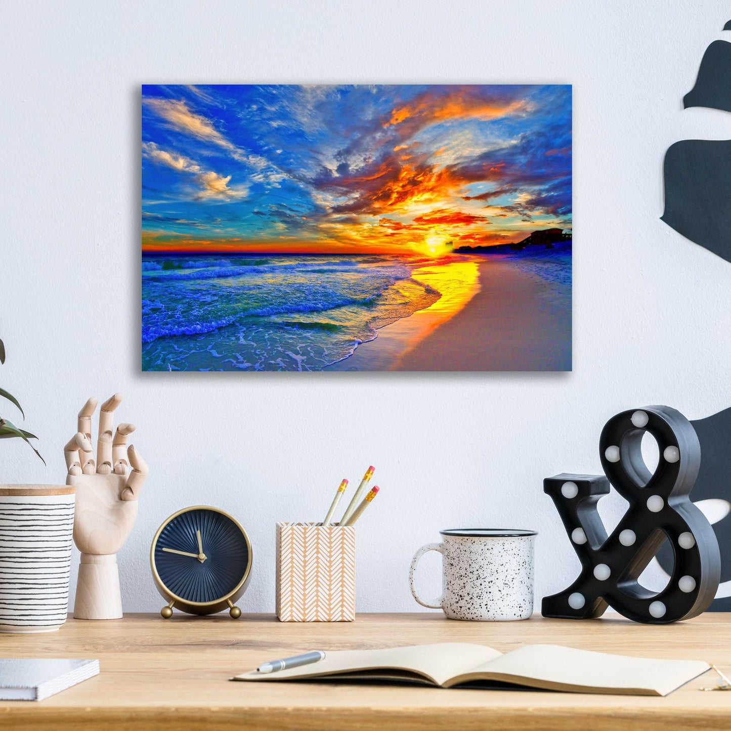 Epic Art 'Amazing Red Blue Sunset Beach' by Ezra Tanner, Acrylic Glass Wall Art,16x12