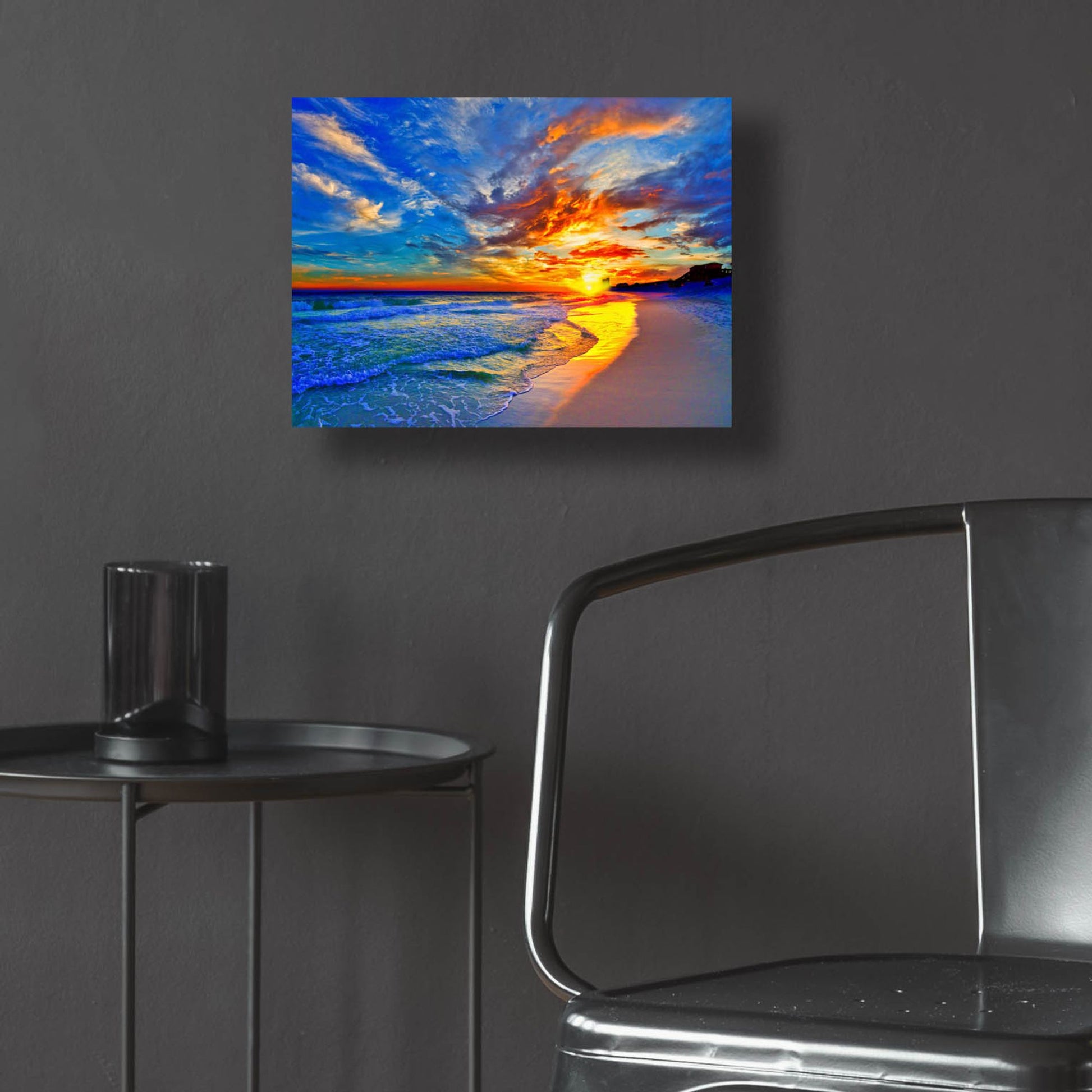 Epic Art 'Amazing Red Blue Sunset Beach' by Ezra Tanner, Acrylic Glass Wall Art,16x12