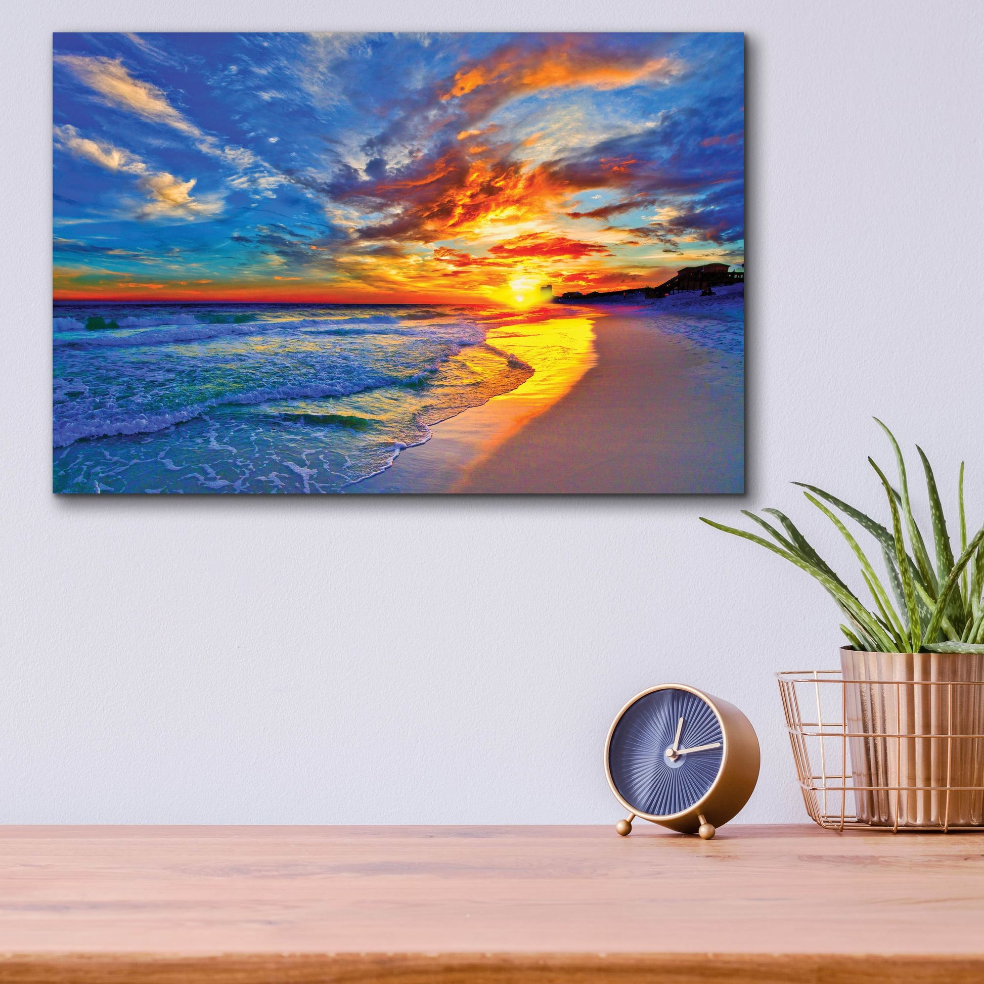 Epic Art 'Amazing Red Blue Sunset Beach' by Ezra Tanner, Acrylic Glass Wall Art,16x12