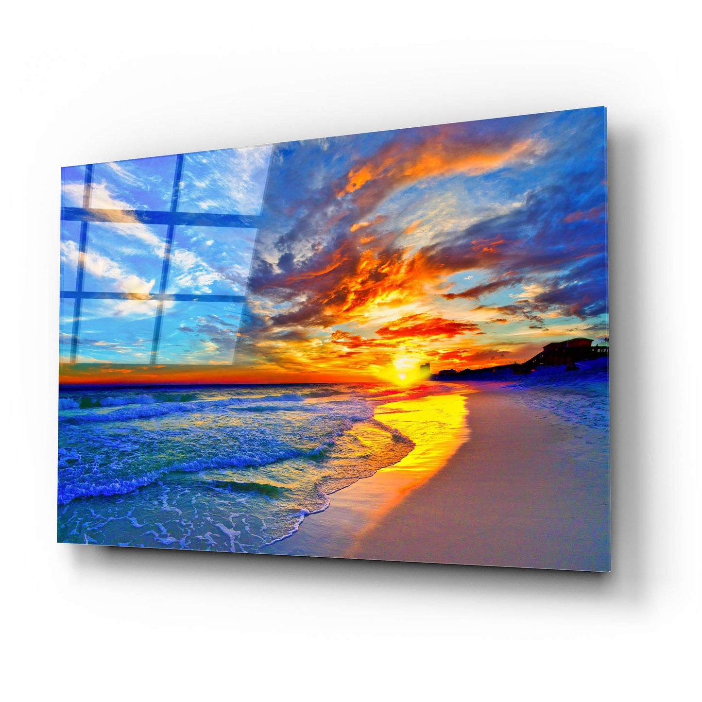 Epic Art 'Amazing Red Blue Sunset Beach' by Ezra Tanner, Acrylic Glass Wall Art,24x16