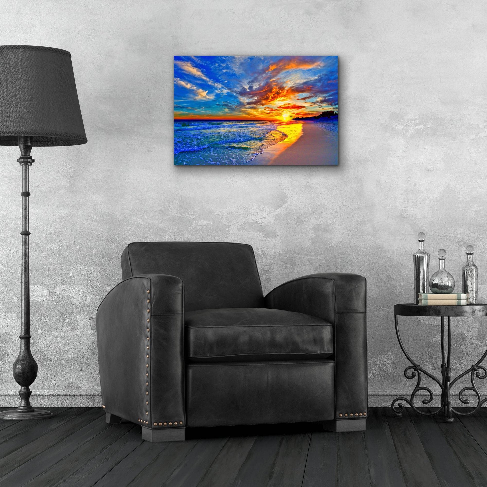 Epic Art 'Amazing Red Blue Sunset Beach' by Ezra Tanner, Acrylic Glass Wall Art,24x16