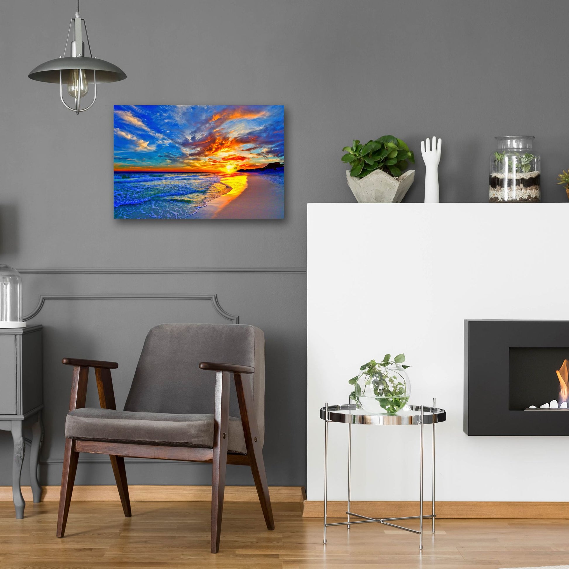 Epic Art 'Amazing Red Blue Sunset Beach' by Ezra Tanner, Acrylic Glass Wall Art,24x16