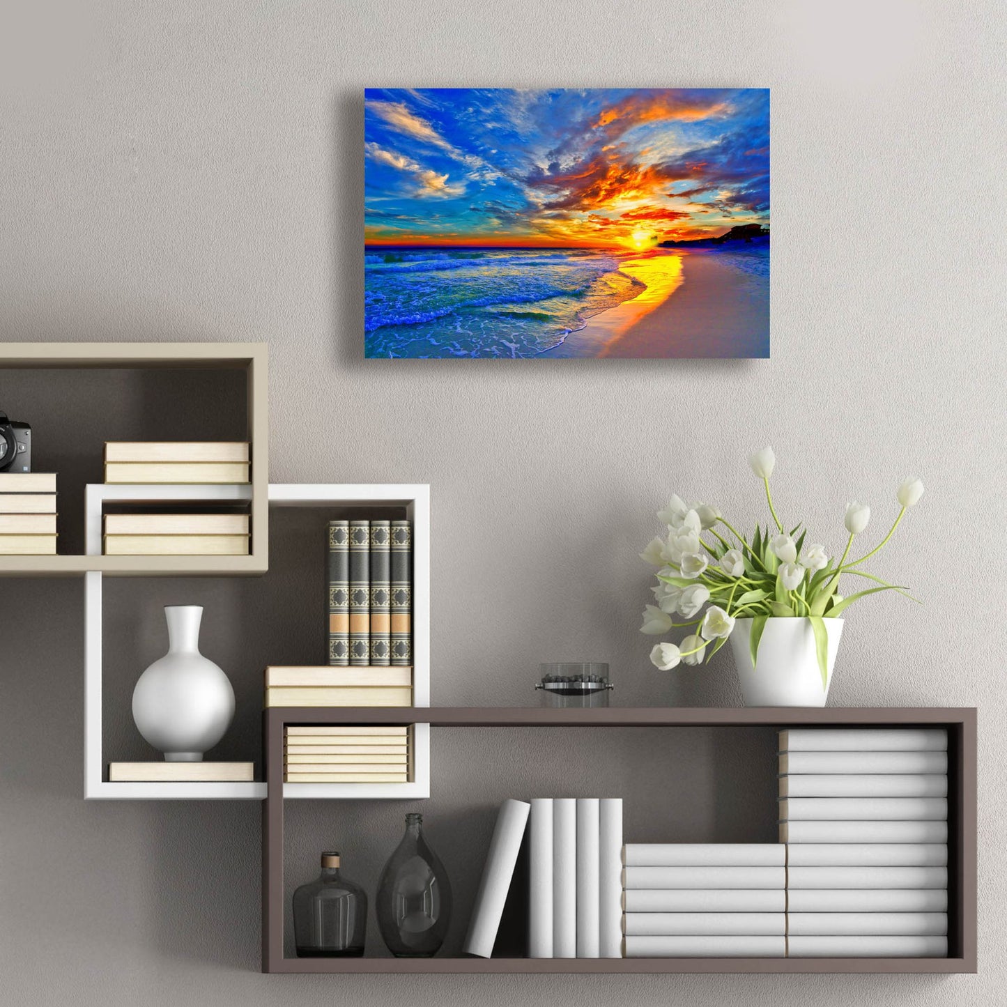 Epic Art 'Amazing Red Blue Sunset Beach' by Ezra Tanner, Acrylic Glass Wall Art,24x16