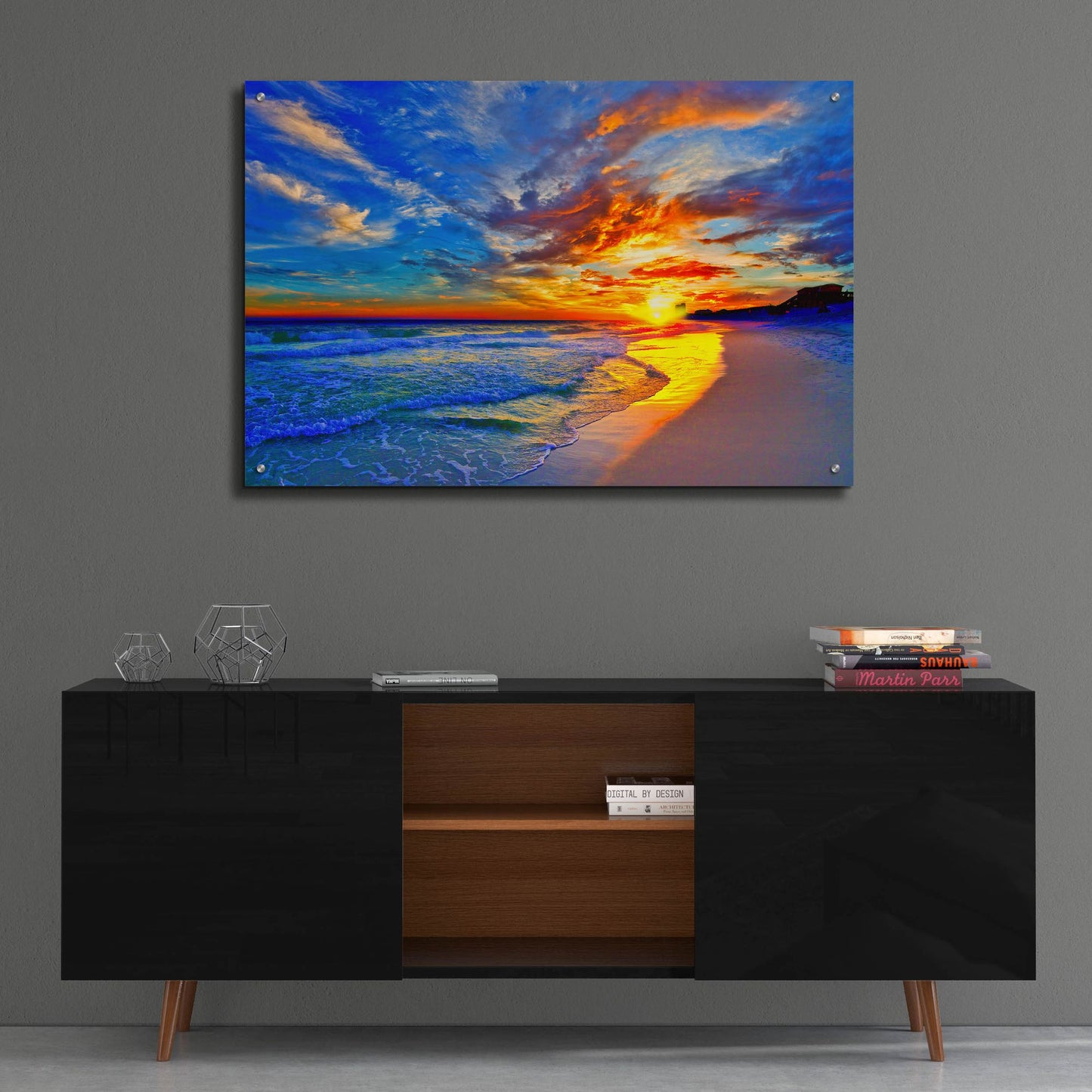 Epic Art 'Amazing Red Blue Sunset Beach' by Ezra Tanner, Acrylic Glass Wall Art,36x24