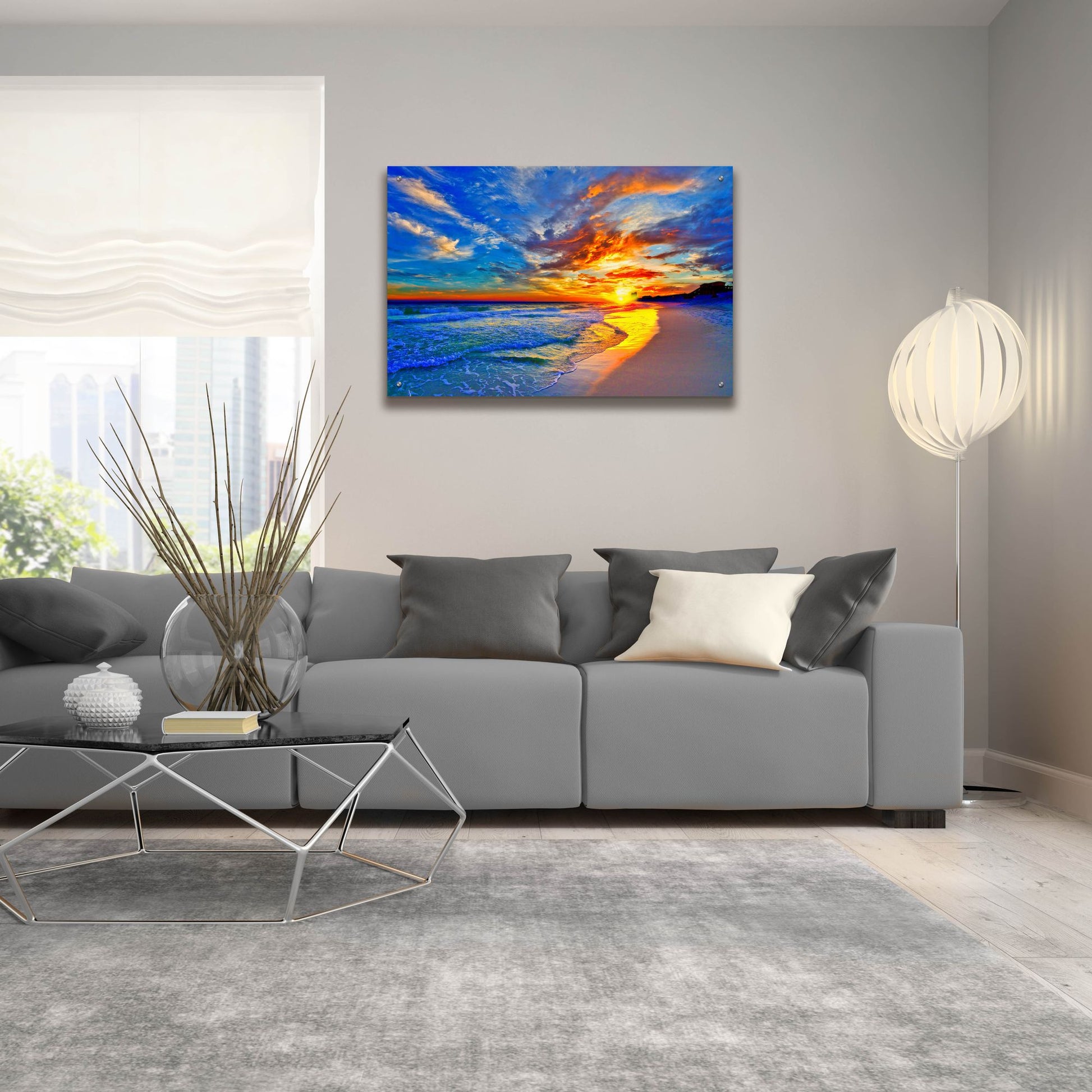 Epic Art 'Amazing Red Blue Sunset Beach' by Ezra Tanner, Acrylic Glass Wall Art,36x24