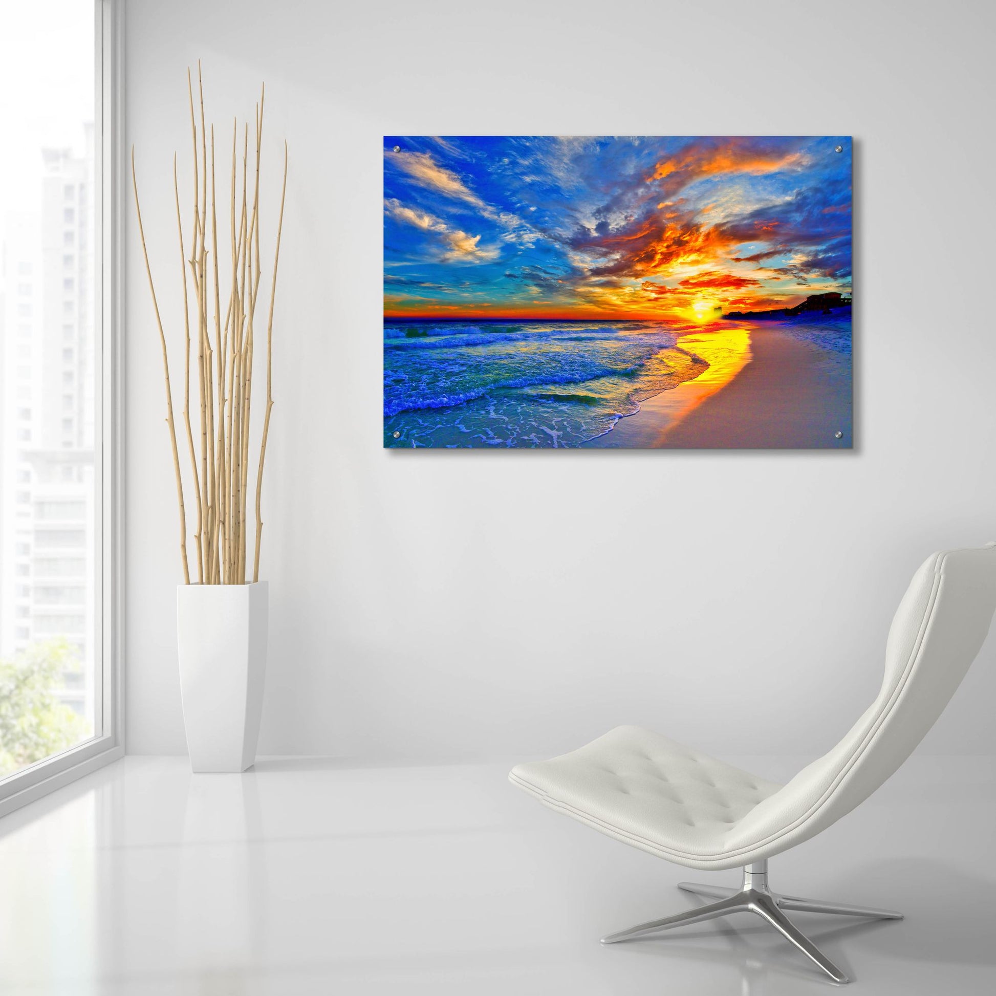 Epic Art 'Amazing Red Blue Sunset Beach' by Ezra Tanner, Acrylic Glass Wall Art,36x24