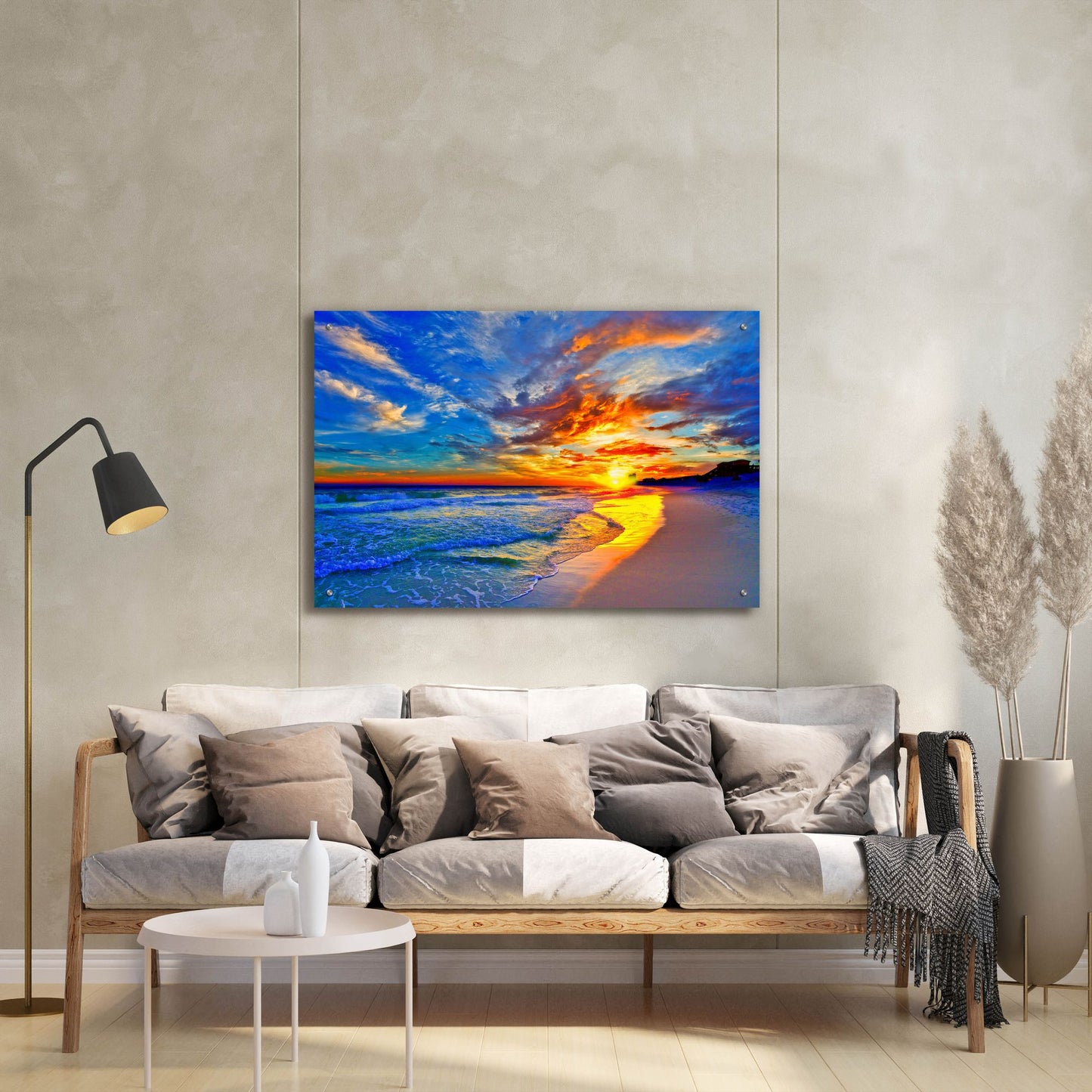 Epic Art 'Amazing Red Blue Sunset Beach' by Ezra Tanner, Acrylic Glass Wall Art,36x24