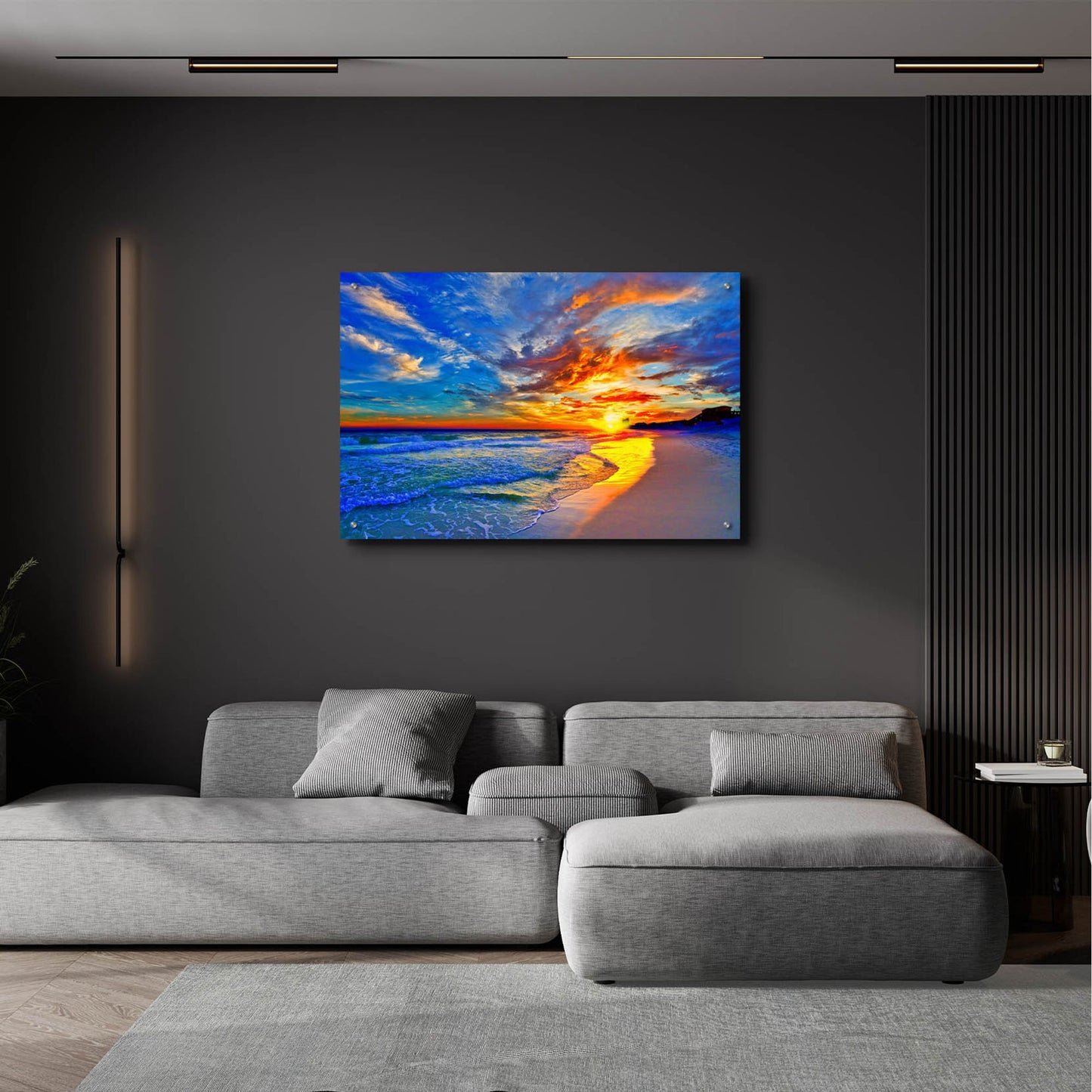 Epic Art 'Amazing Red Blue Sunset Beach' by Ezra Tanner, Acrylic Glass Wall Art,36x24