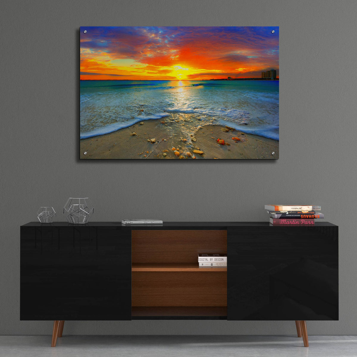 Epic Art 'Amazing Red Sunset Over Blue Ocean' by Ezra Tanner, Acrylic Glass Wall Art,36x24