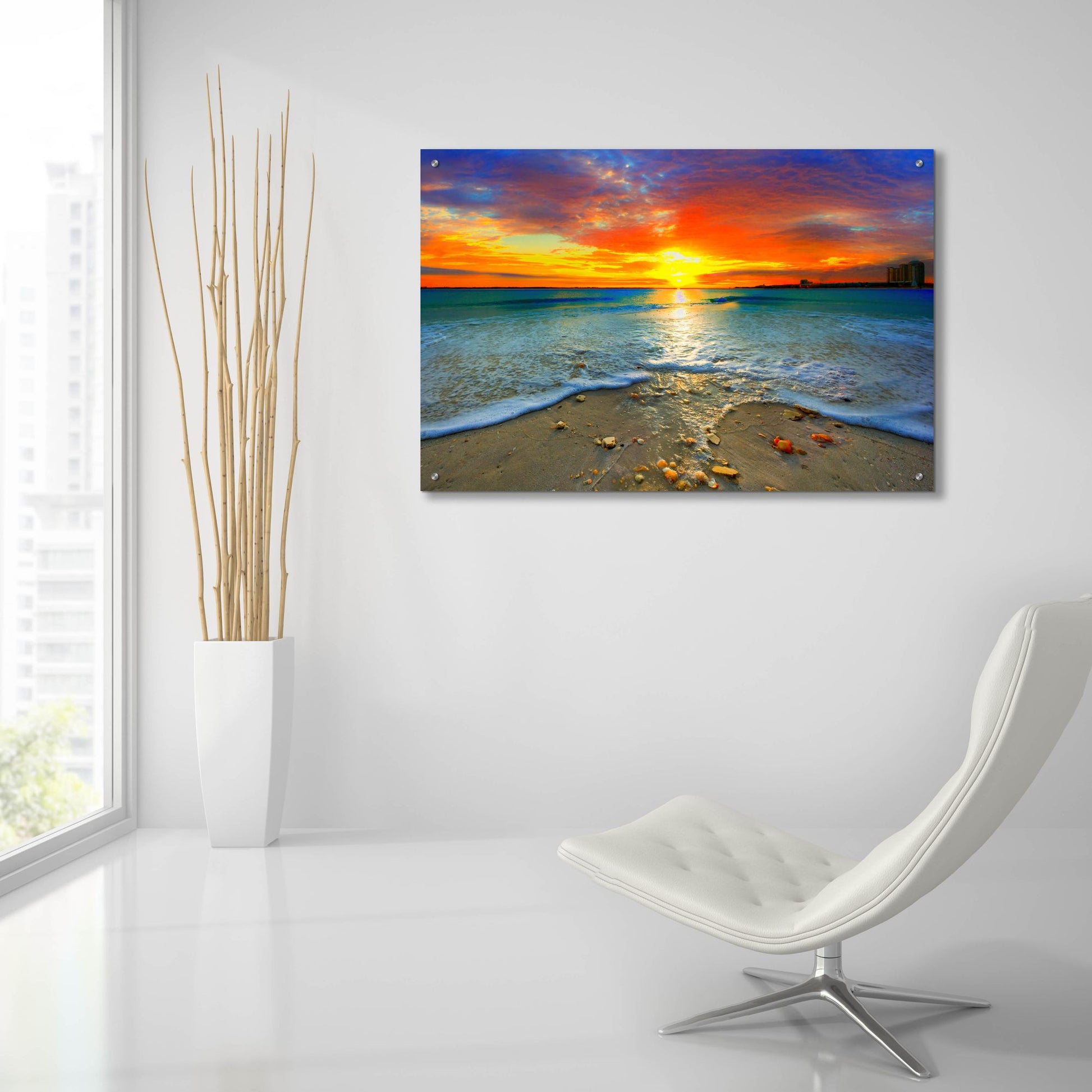 Epic Art 'Amazing Red Sunset Over Blue Ocean' by Ezra Tanner, Acrylic Glass Wall Art,36x24