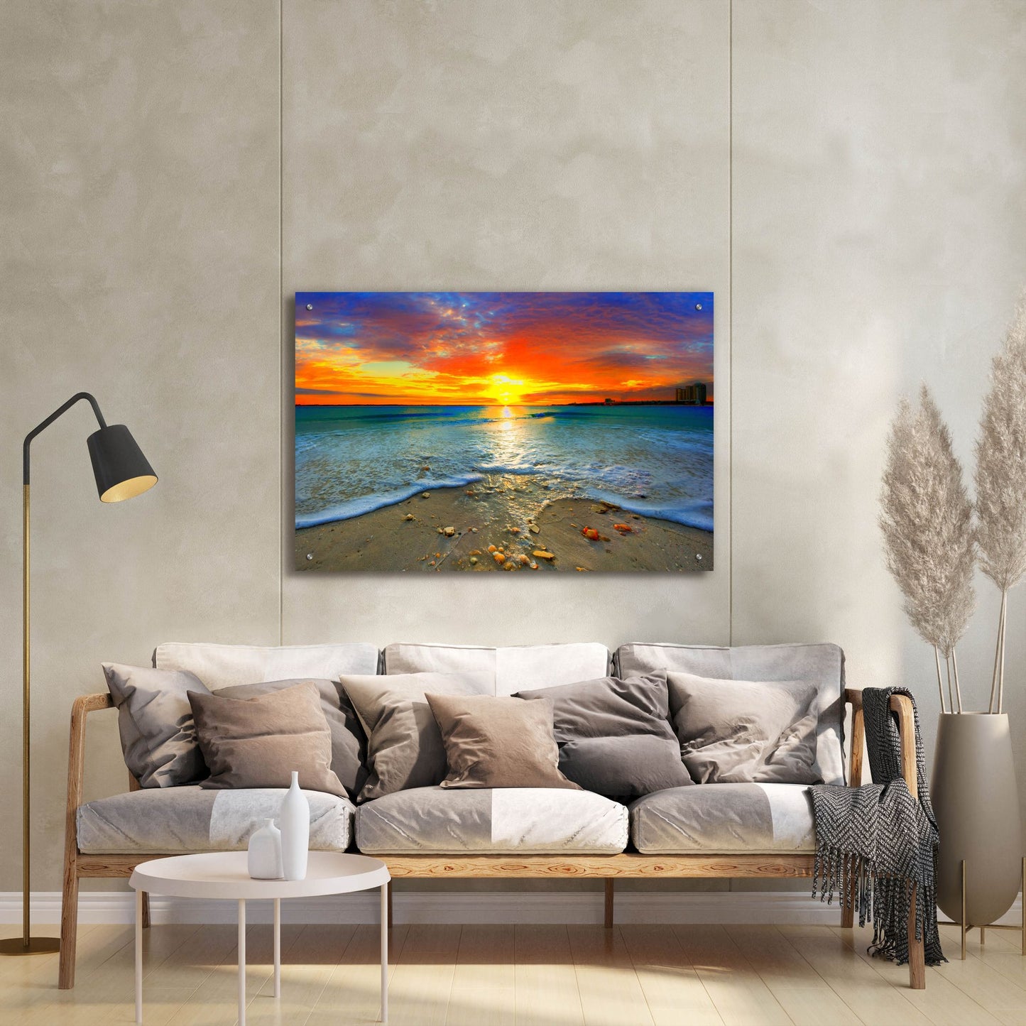 Epic Art 'Amazing Red Sunset Over Blue Ocean' by Ezra Tanner, Acrylic Glass Wall Art,36x24