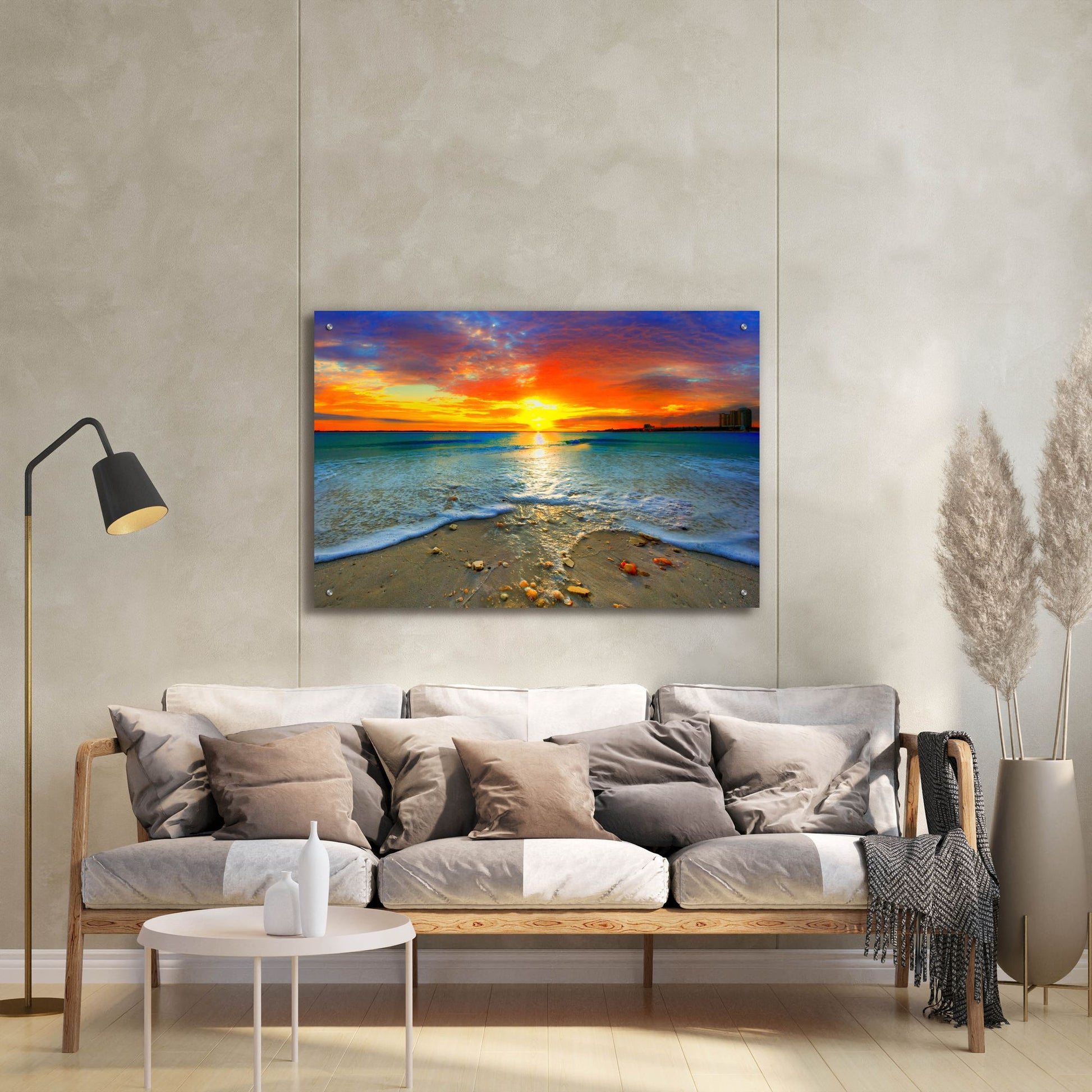 Epic Art 'Amazing Red Sunset Over Blue Ocean' by Ezra Tanner, Acrylic Glass Wall Art,36x24