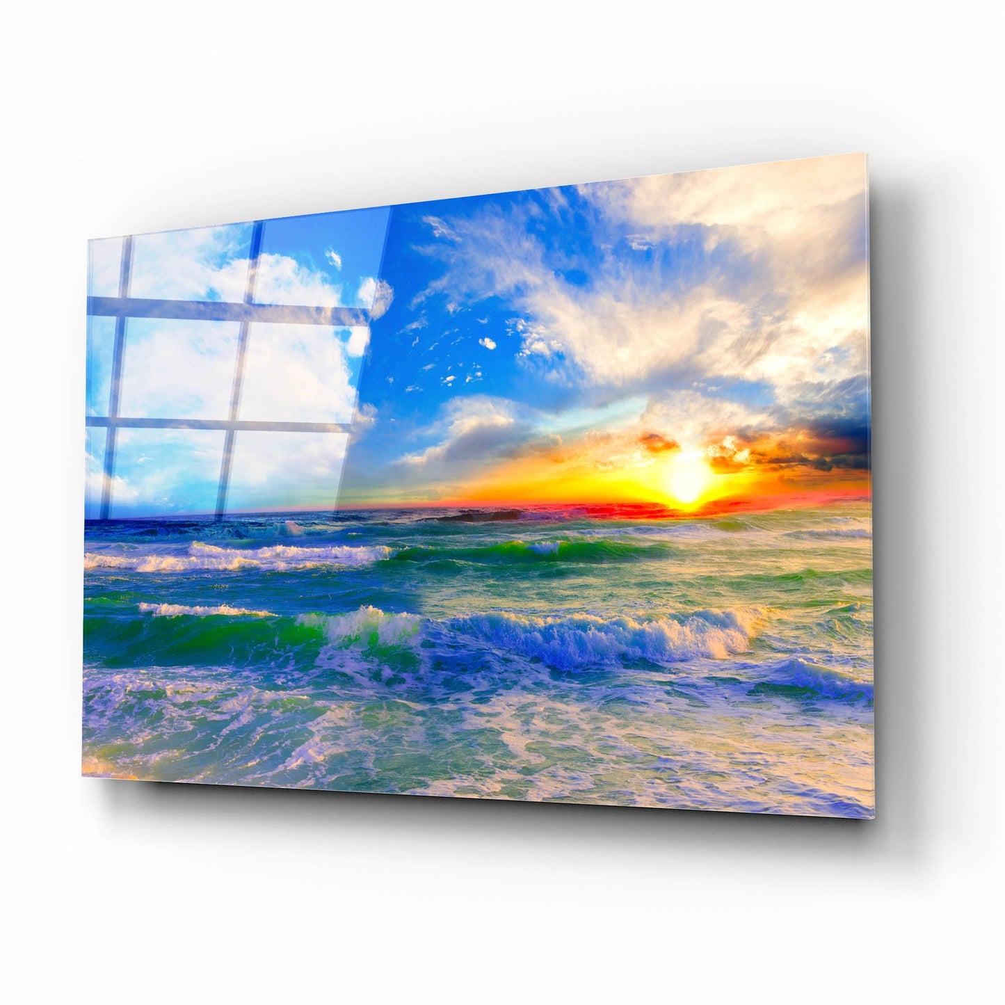 Epic Art 'Colorful Ocean Sunset Blue Seascape Sunrise' by Ezra Tanner, Acrylic Glass Wall Art,16x12