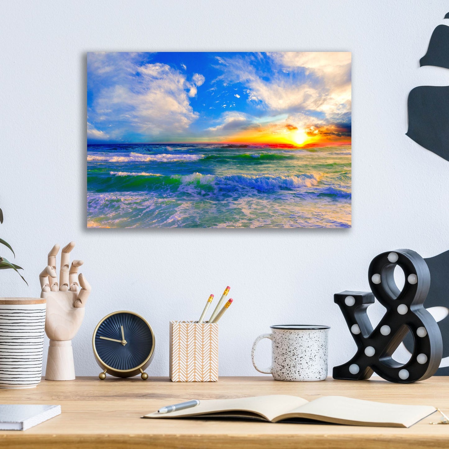 Epic Art 'Colorful Ocean Sunset Blue Seascape Sunrise' by Ezra Tanner, Acrylic Glass Wall Art,16x12