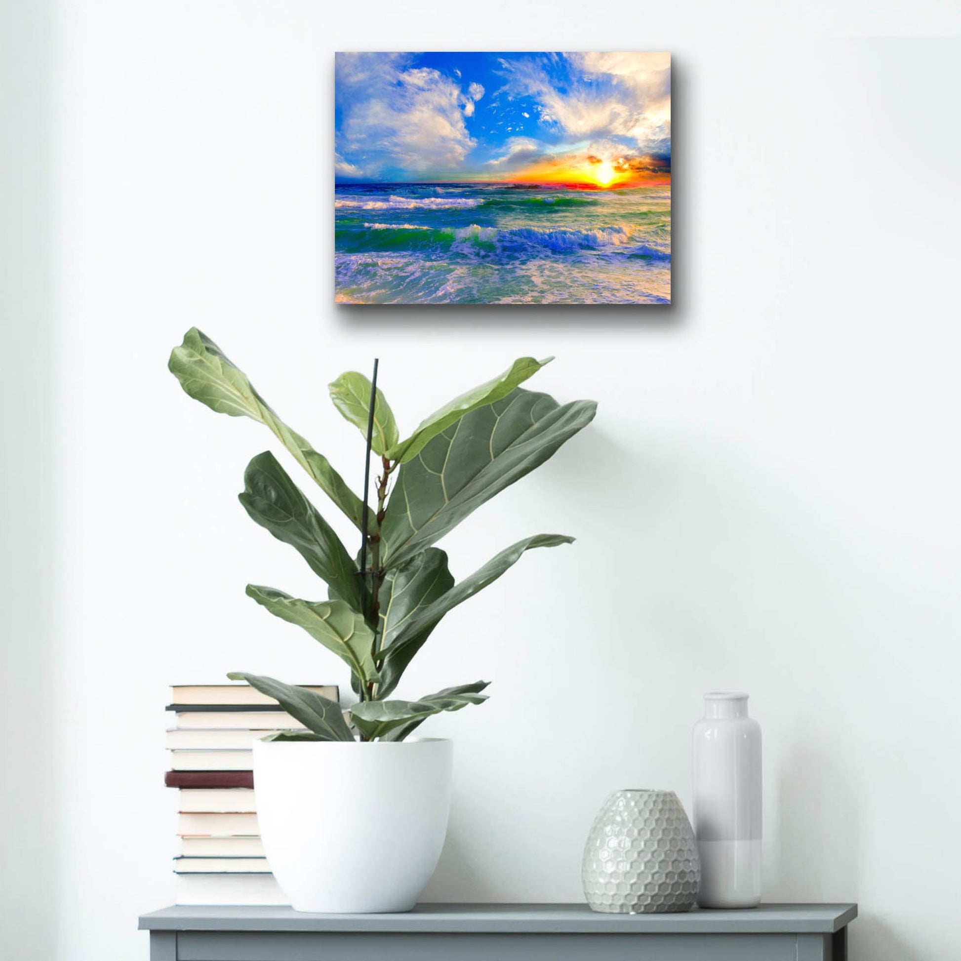 Epic Art 'Colorful Ocean Sunset Blue Seascape Sunrise' by Ezra Tanner, Acrylic Glass Wall Art,16x12