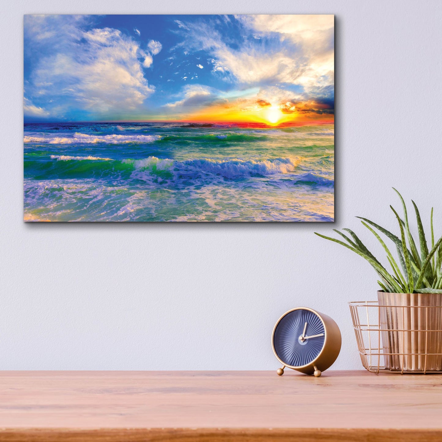 Epic Art 'Colorful Ocean Sunset Blue Seascape Sunrise' by Ezra Tanner, Acrylic Glass Wall Art,16x12