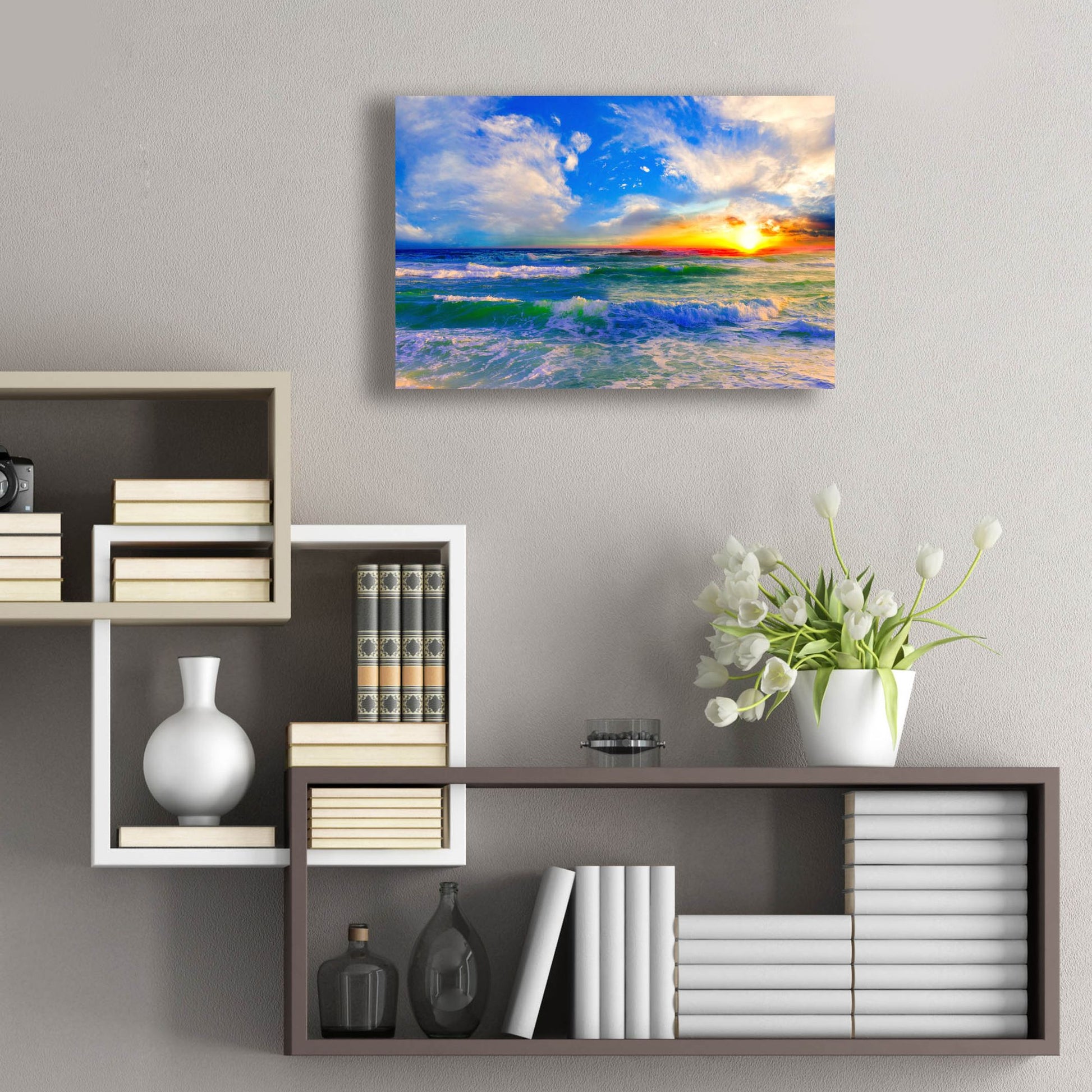 Epic Art 'Colorful Ocean Sunset Blue Seascape Sunrise' by Ezra Tanner, Acrylic Glass Wall Art,24x16