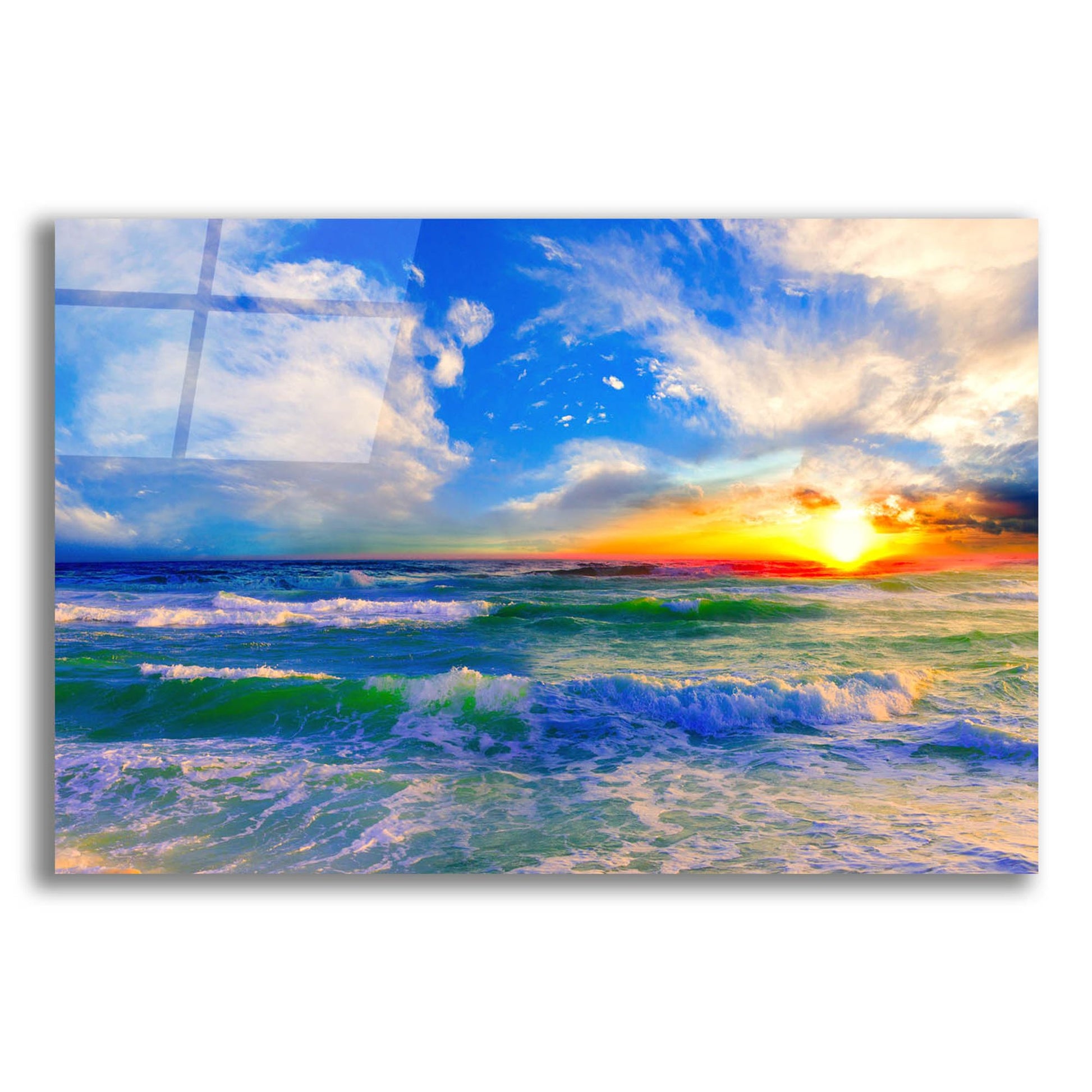 Epic Art 'Colorful Ocean Sunset Blue Seascape Sunrise' by Ezra Tanner, Acrylic Glass Wall Art,24x16