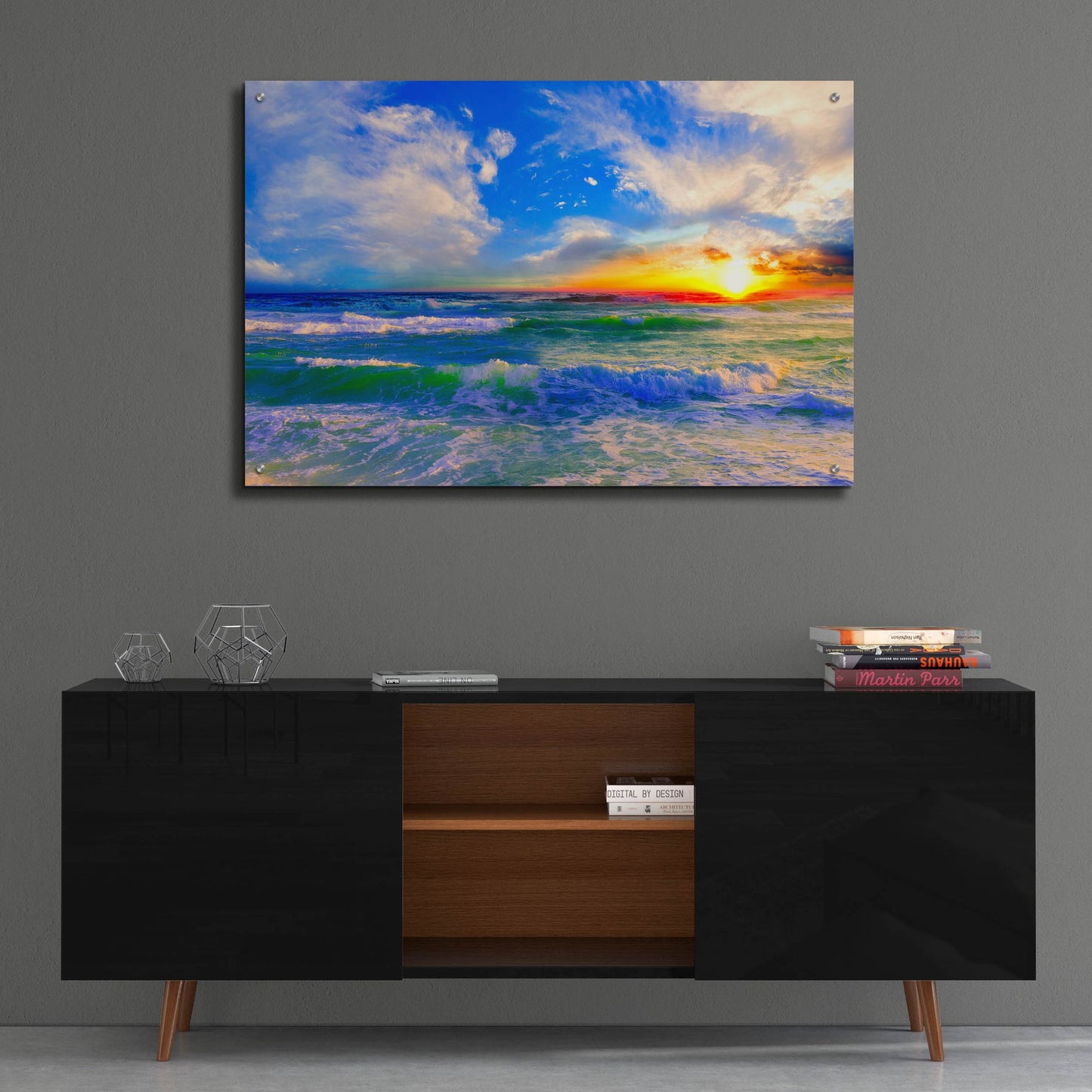 Epic Art 'Colorful Ocean Sunset Blue Seascape Sunrise' by Ezra Tanner, Acrylic Glass Wall Art,36x24