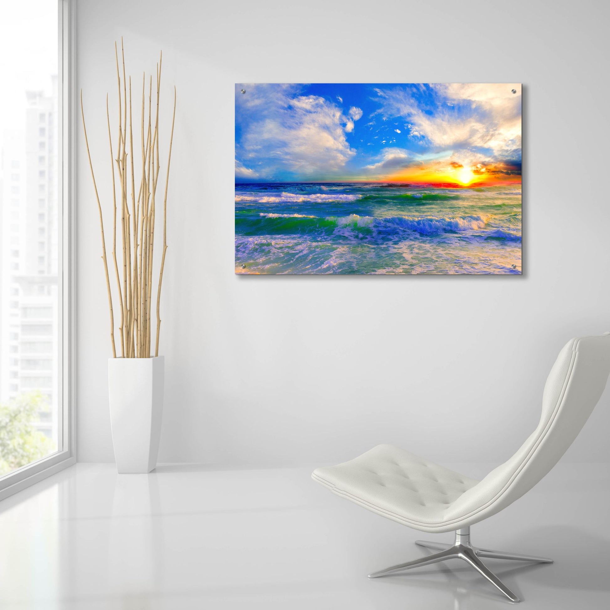 Epic Art 'Colorful Ocean Sunset Blue Seascape Sunrise' by Ezra Tanner, Acrylic Glass Wall Art,36x24