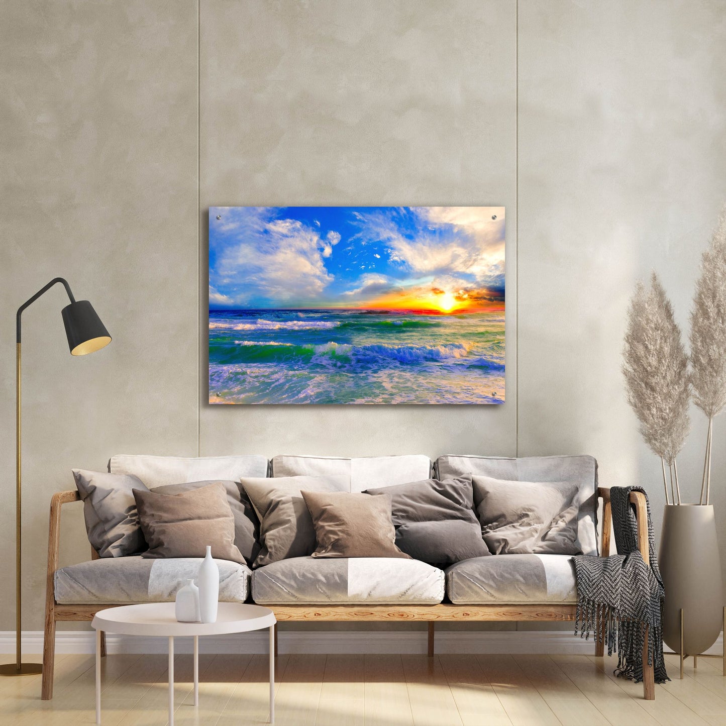 Epic Art 'Colorful Ocean Sunset Blue Seascape Sunrise' by Ezra Tanner, Acrylic Glass Wall Art,36x24