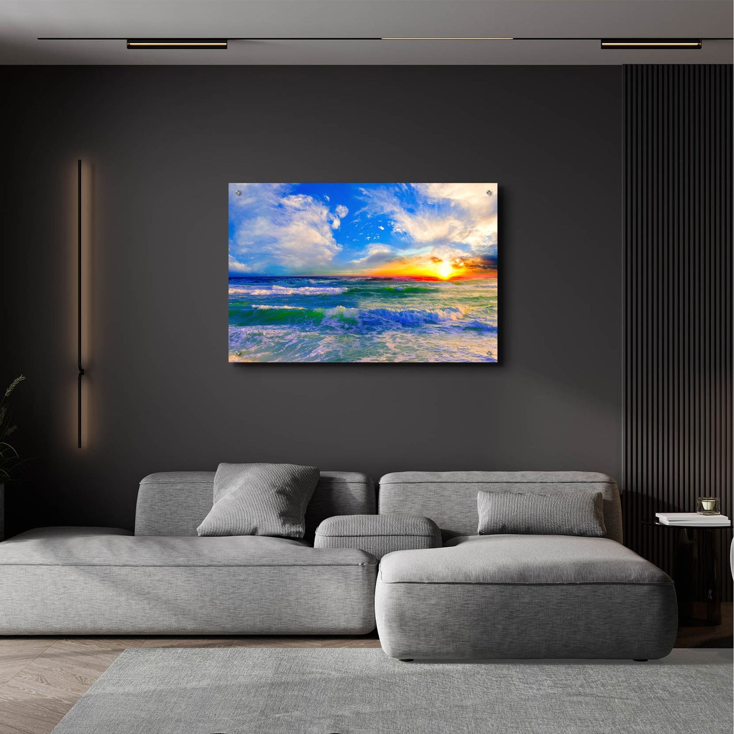 Epic Art 'Colorful Ocean Sunset Blue Seascape Sunrise' by Ezra Tanner, Acrylic Glass Wall Art,36x24