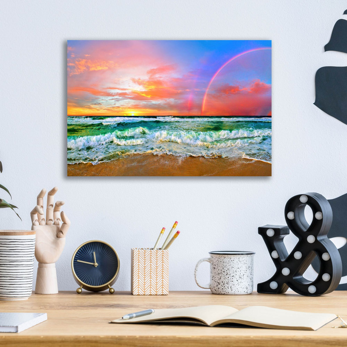Epic Art 'Beach Rainbow Colorful Ocean Wave Sunset' by Ezra Tanner, Acrylic Glass Wall Art,16x12